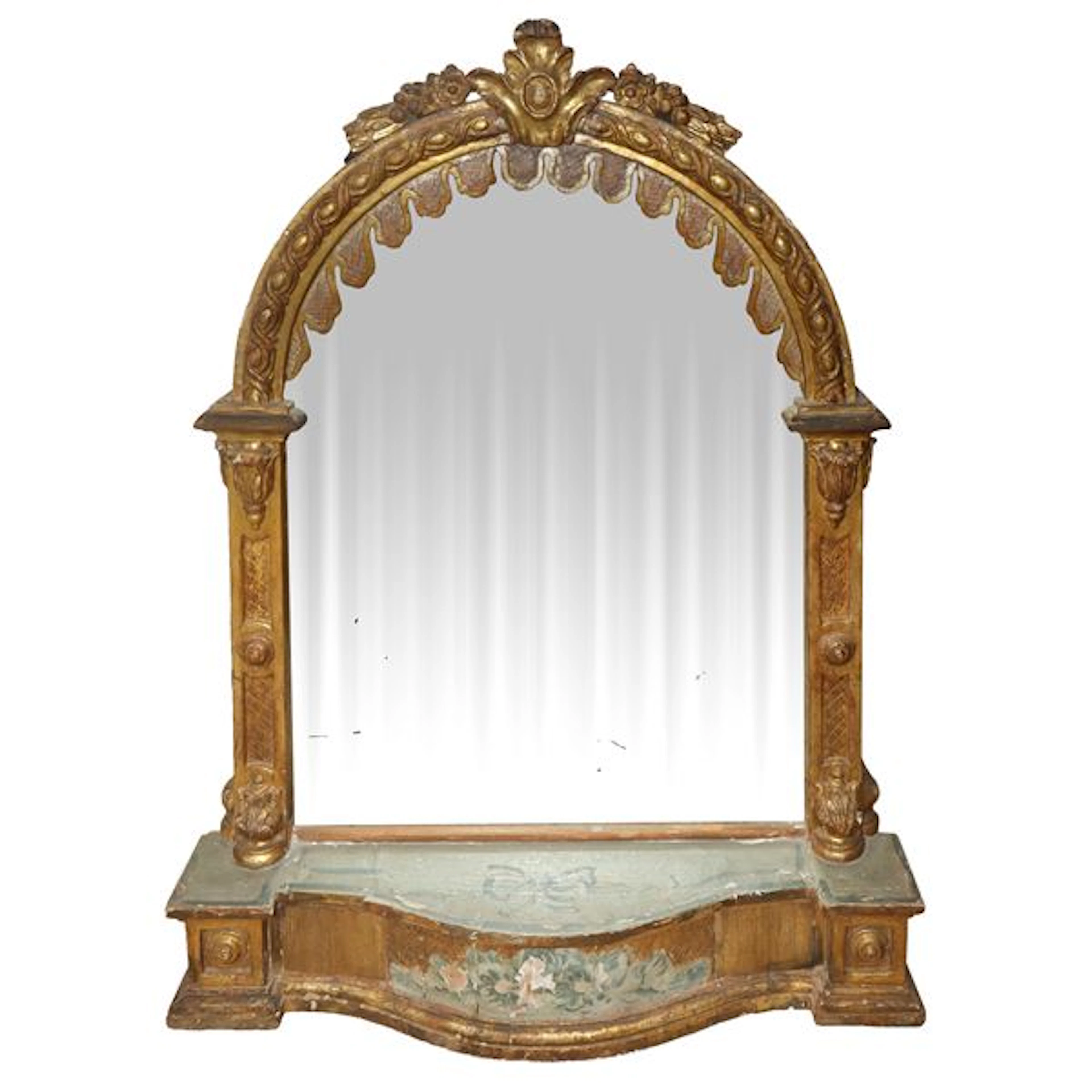 Specchiera con cornice in legno dorato su base dipinta, XVIII secolo