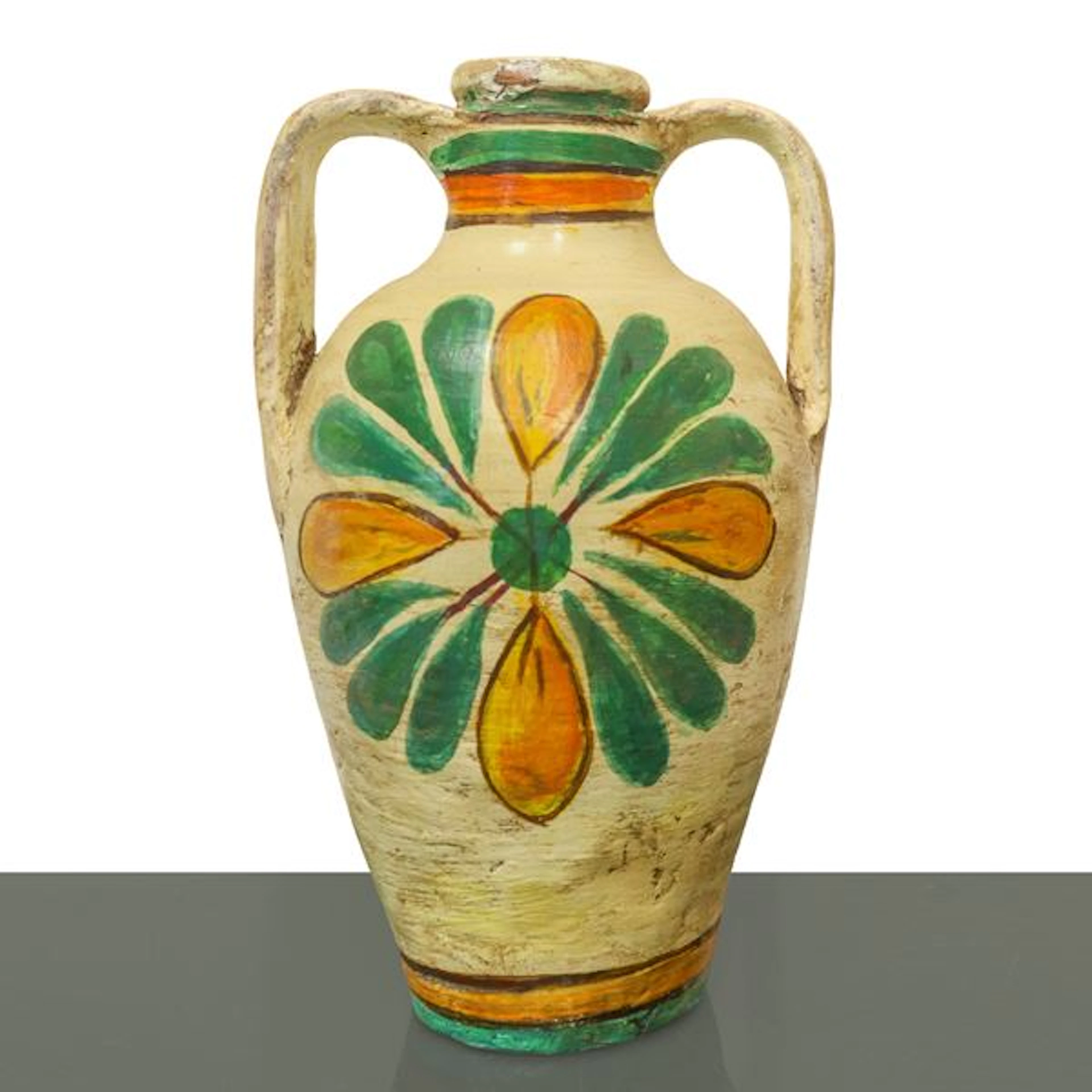 Quartara in maiolica di Caltagirone con grande fiore policromo dipinto