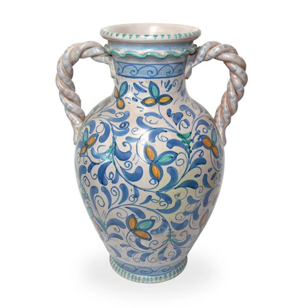 Grande vaso biansato in maiolica policroma di Caltagirone con prese