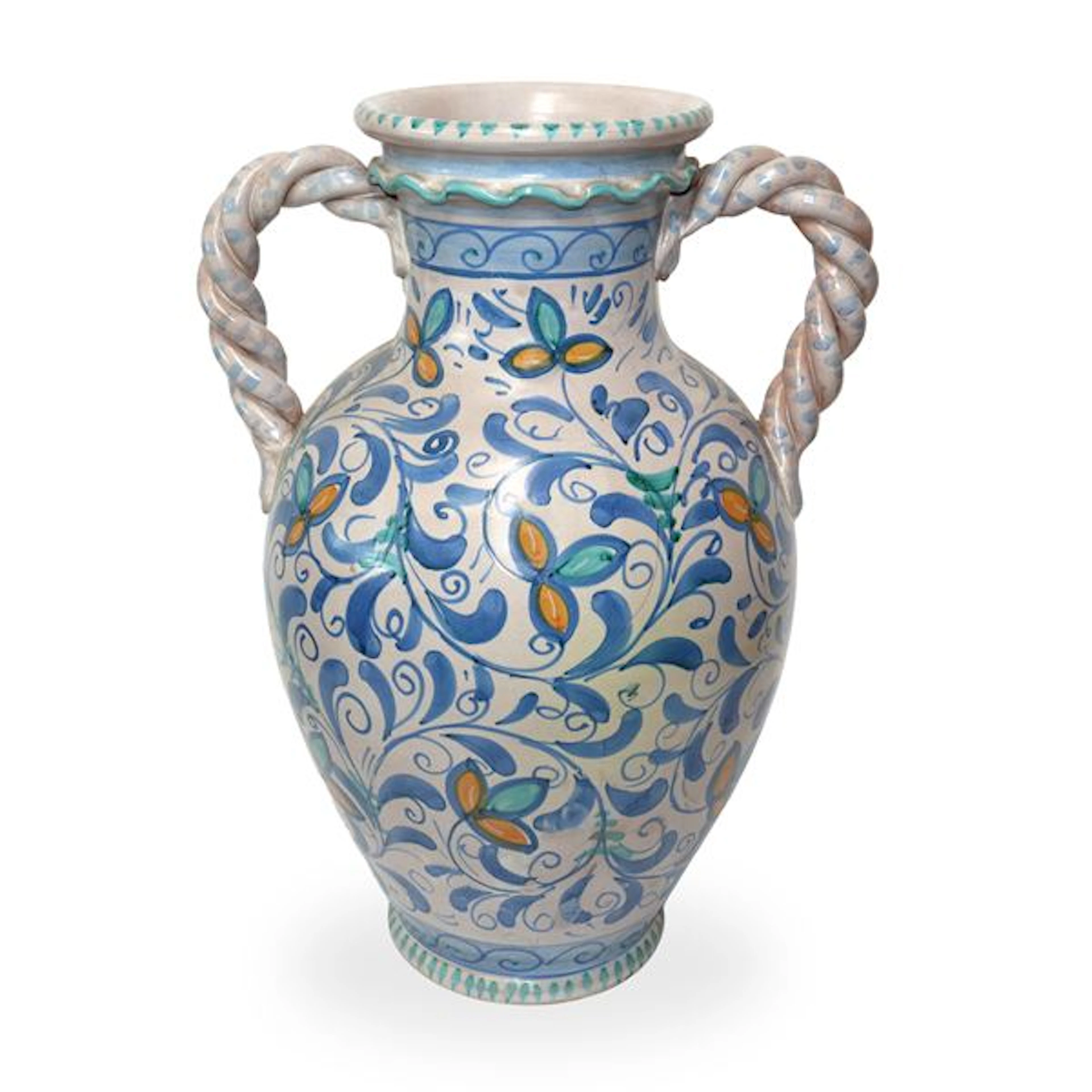Grande vaso biansato in maiolica policroma di Caltagirone con prese