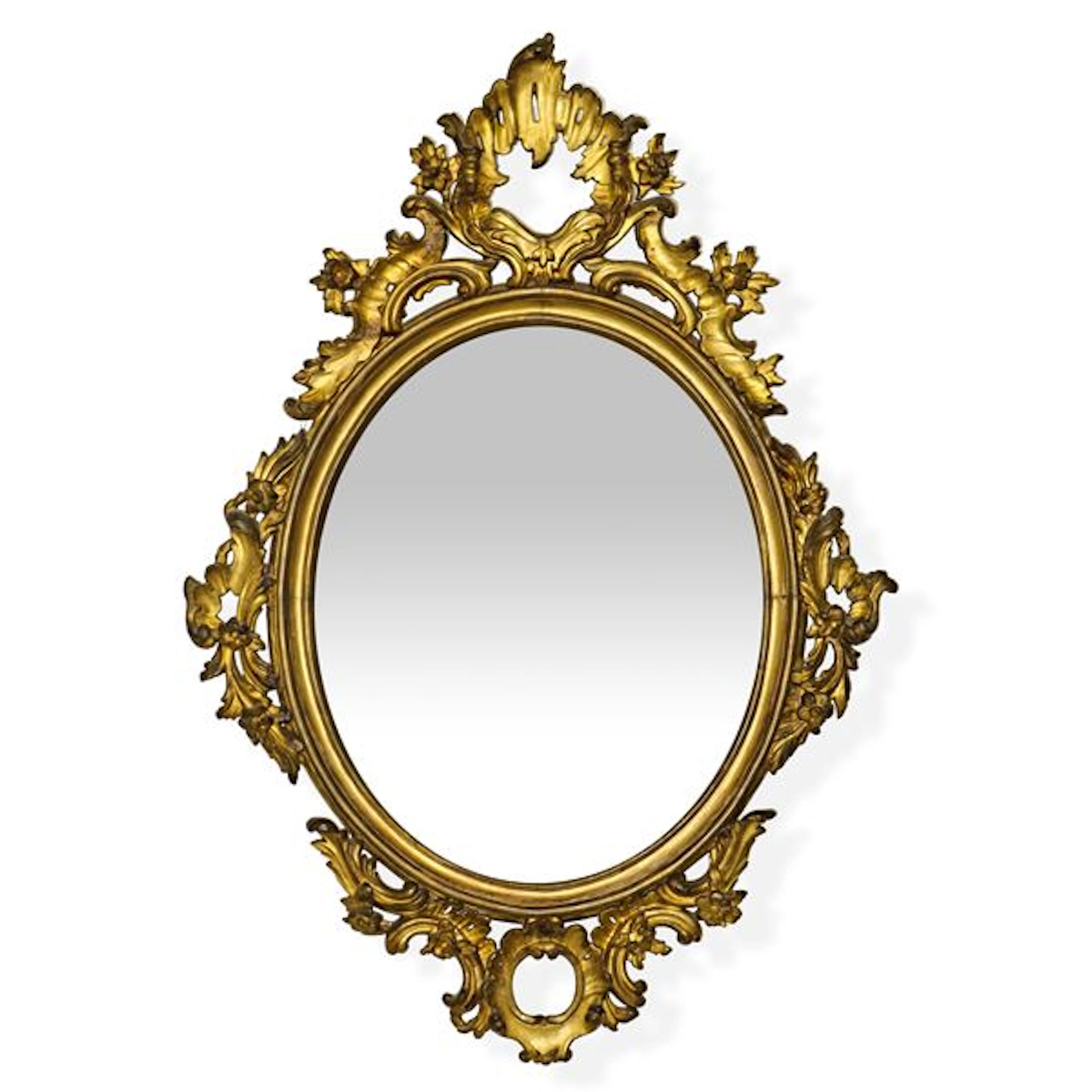 Specchiera ovale in legno dorato a foglia, XIX secolo