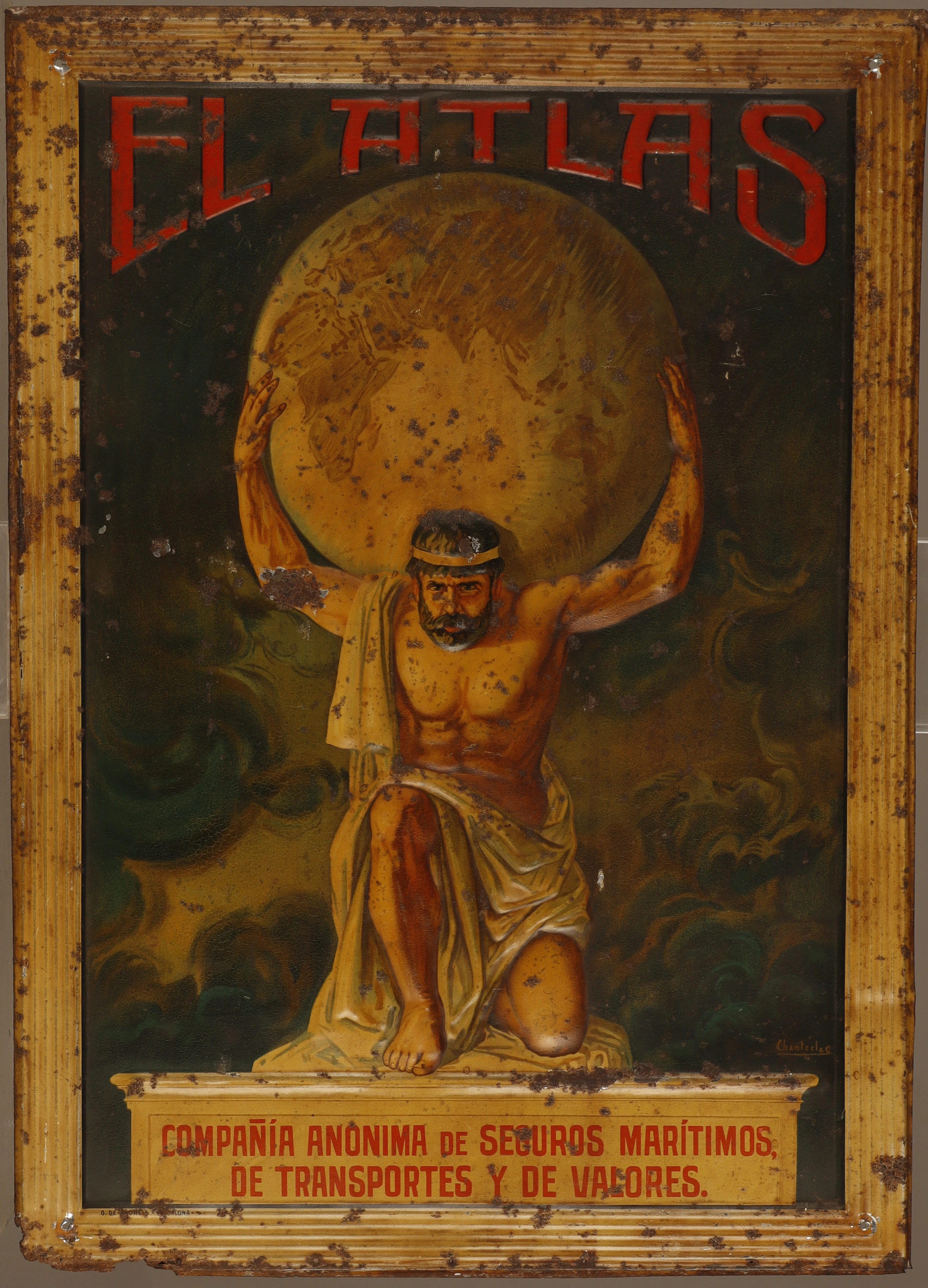 "CHANTECLER". El Atlas, placa publicitaria en hojalata estampada y