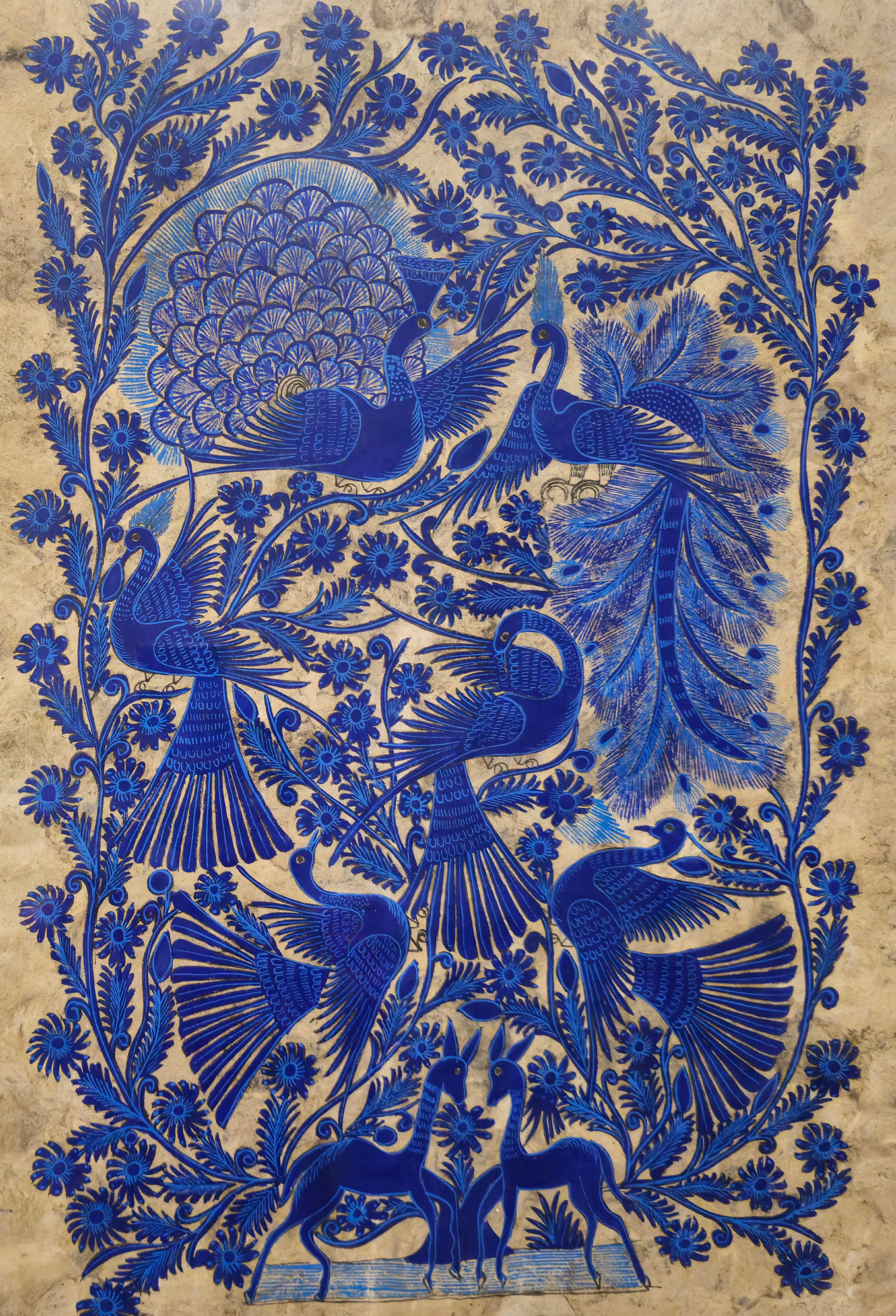 "ÁRBOL DE LA VIDA". PINTURA AZUL COBALTO SOBRE PAPEL AMATE. POSIBLEMENTE
