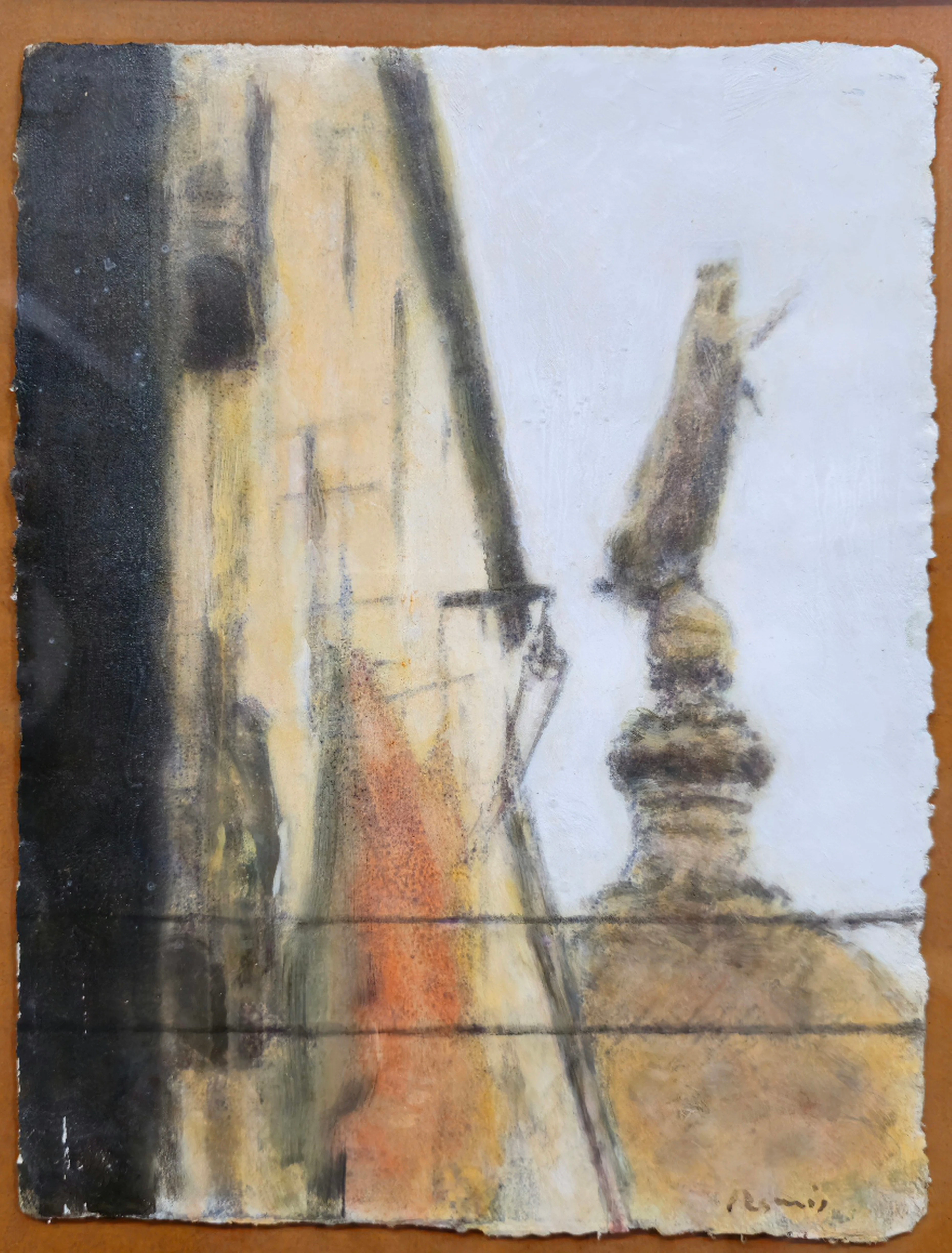 VISTA DE CALLE CON ESCULTURA VIRGEN MARIA. CERAS SOBRE PAPEL. FIRMA ILEGIBLE.