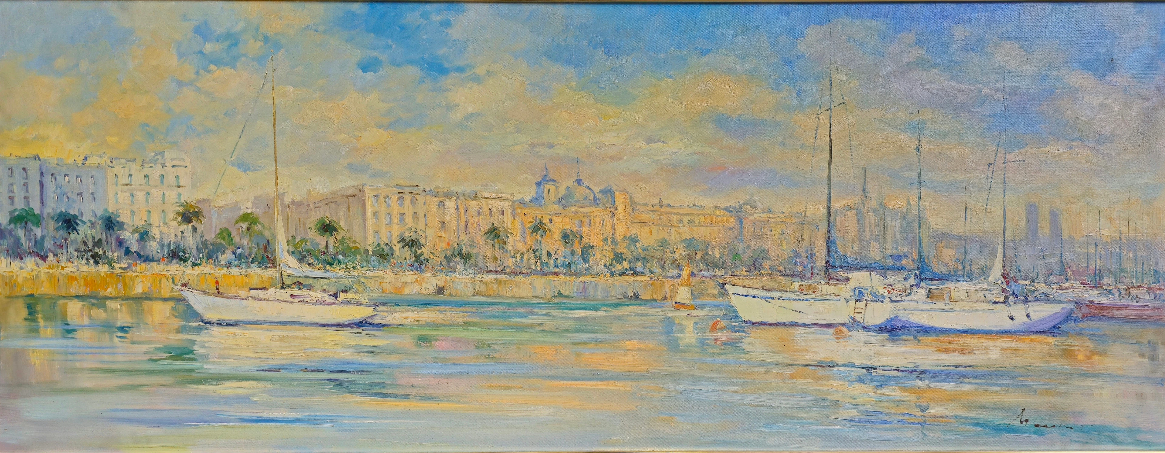 VISTA DESDE EL CLUB NAUTICO DE BARCELONA. ÓLEO SOBRE LIENZO. FIRMA ILEGIBLE.