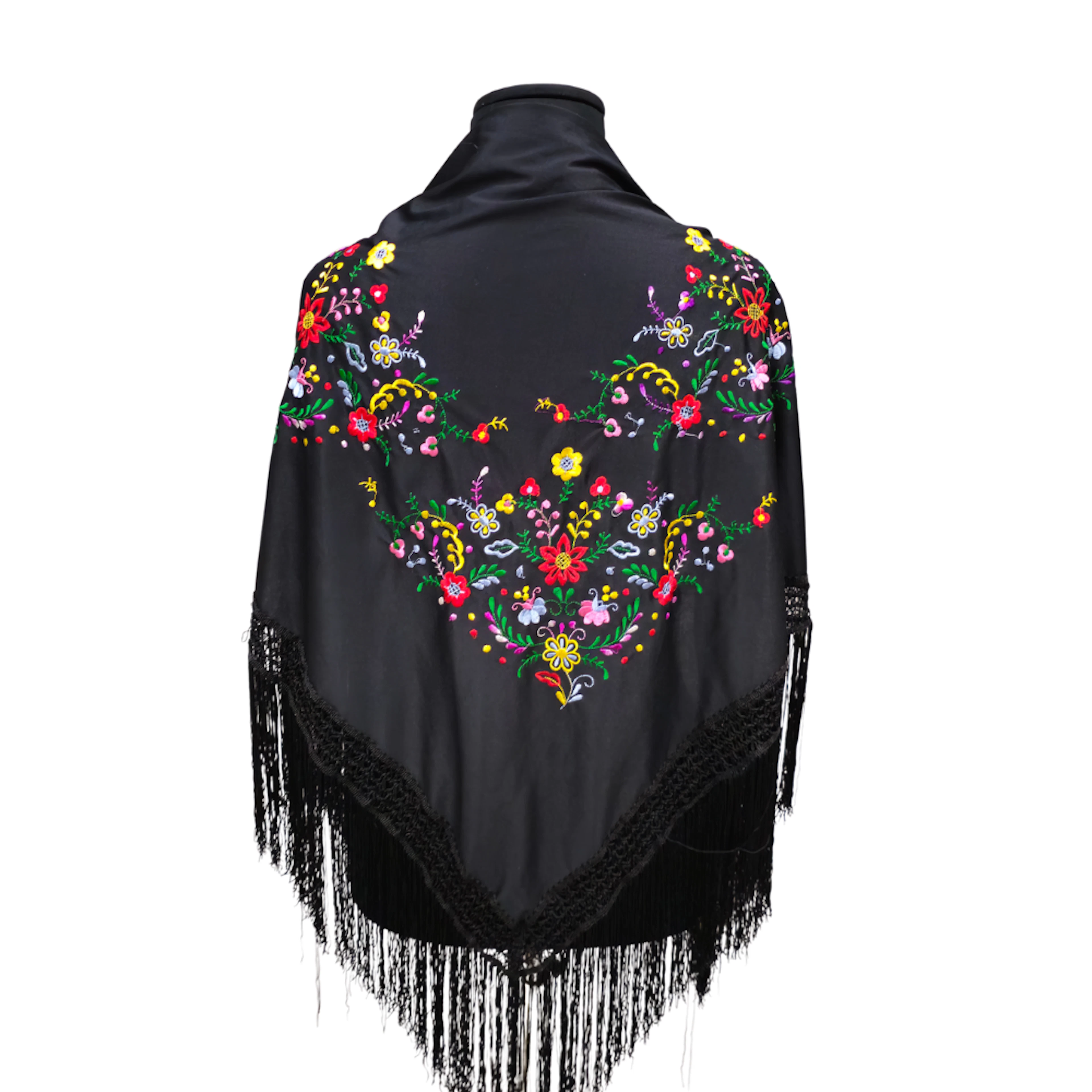 MANTILLA DE PICO EN SEDA NEGRA BORDADA A MANO CON MOTIVOS FLORALES.