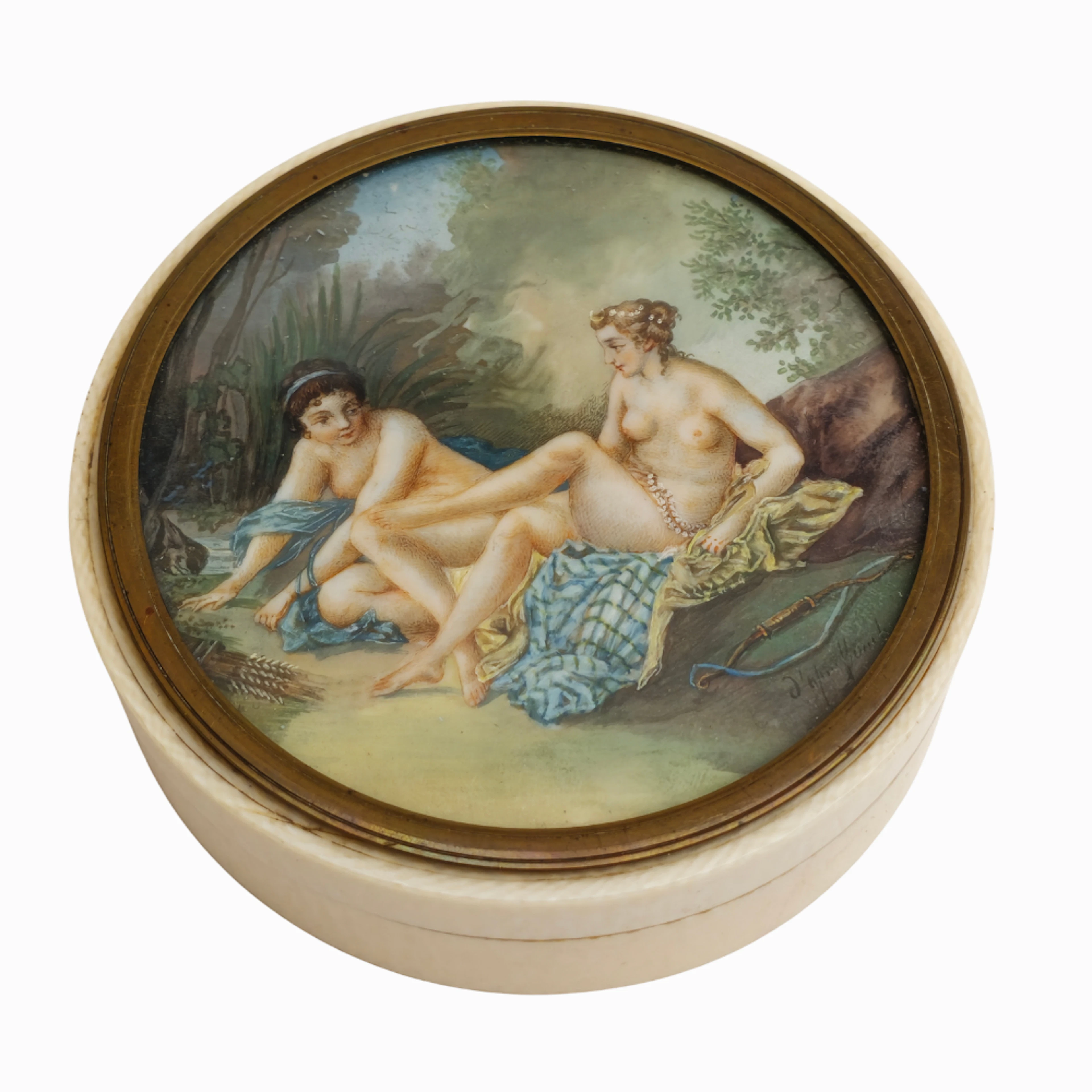 Caja en hueso con miniatura. Diana cazadora y ninfa reposando. Escuela