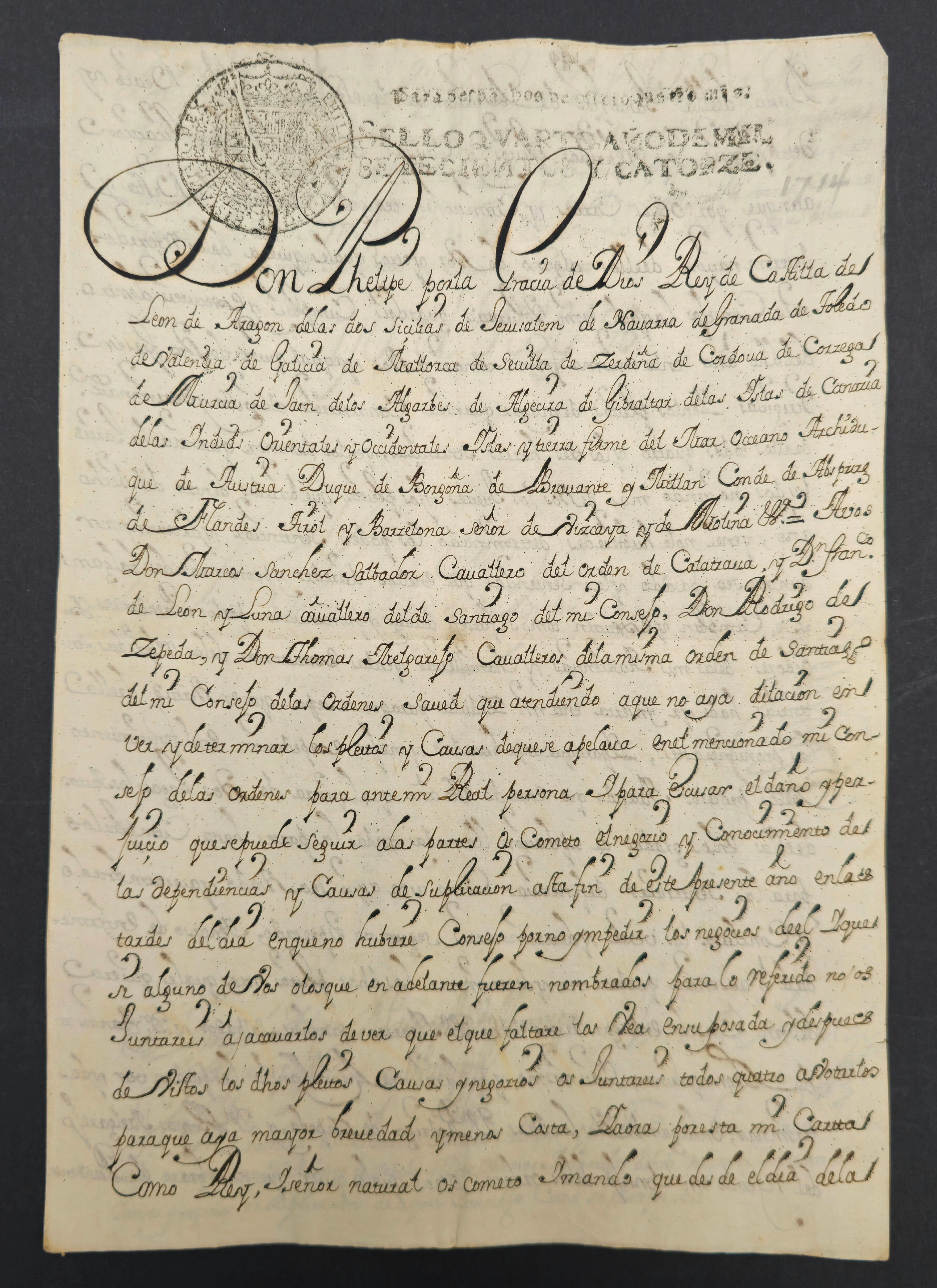 CARTA PARA JUECES Y DESPACHOS DE S.M. EL REY FELIPE V. FECHADA EN 1714.