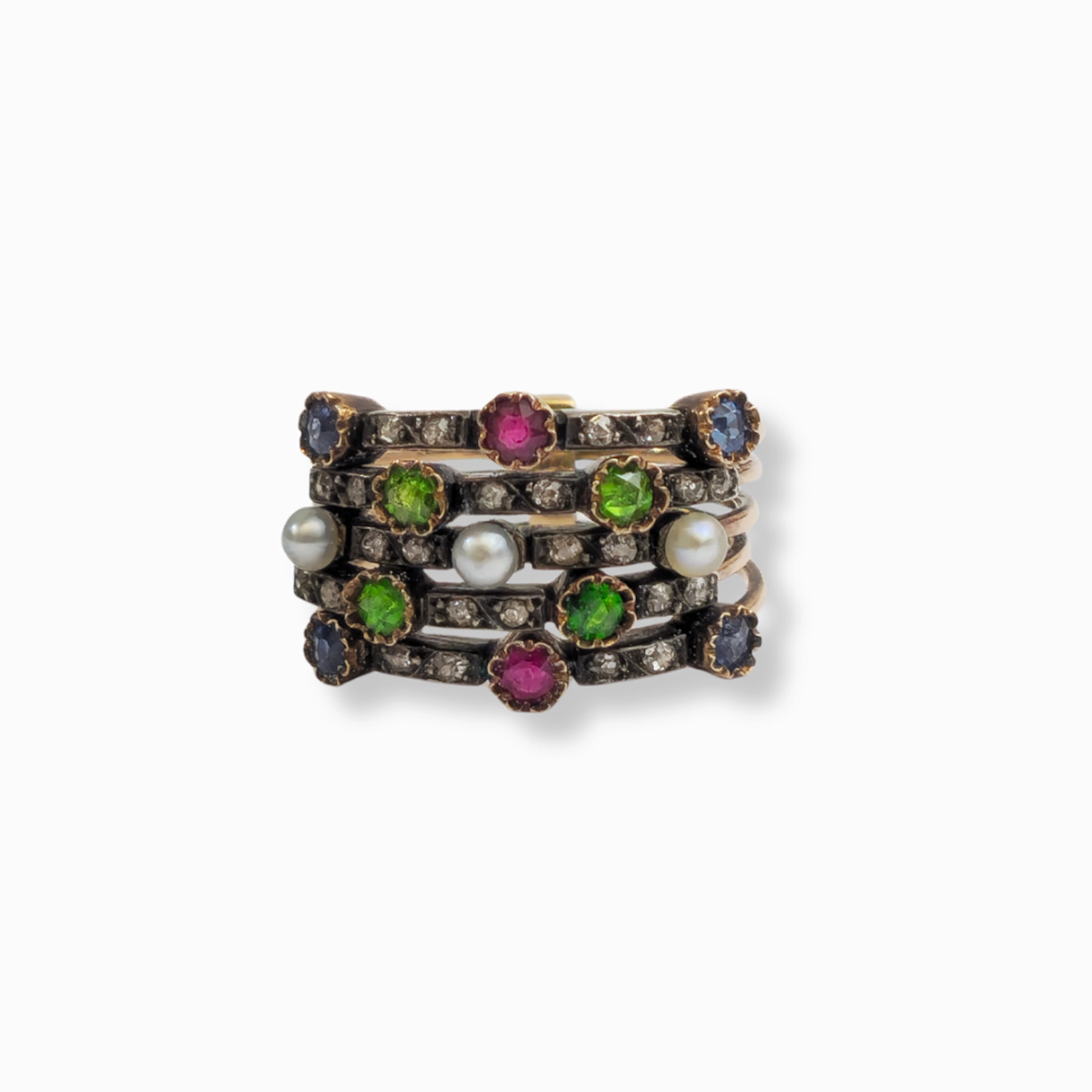 Anillo harem en oro de 14 K, perlas, zafiros, diamantes, rubís y granates