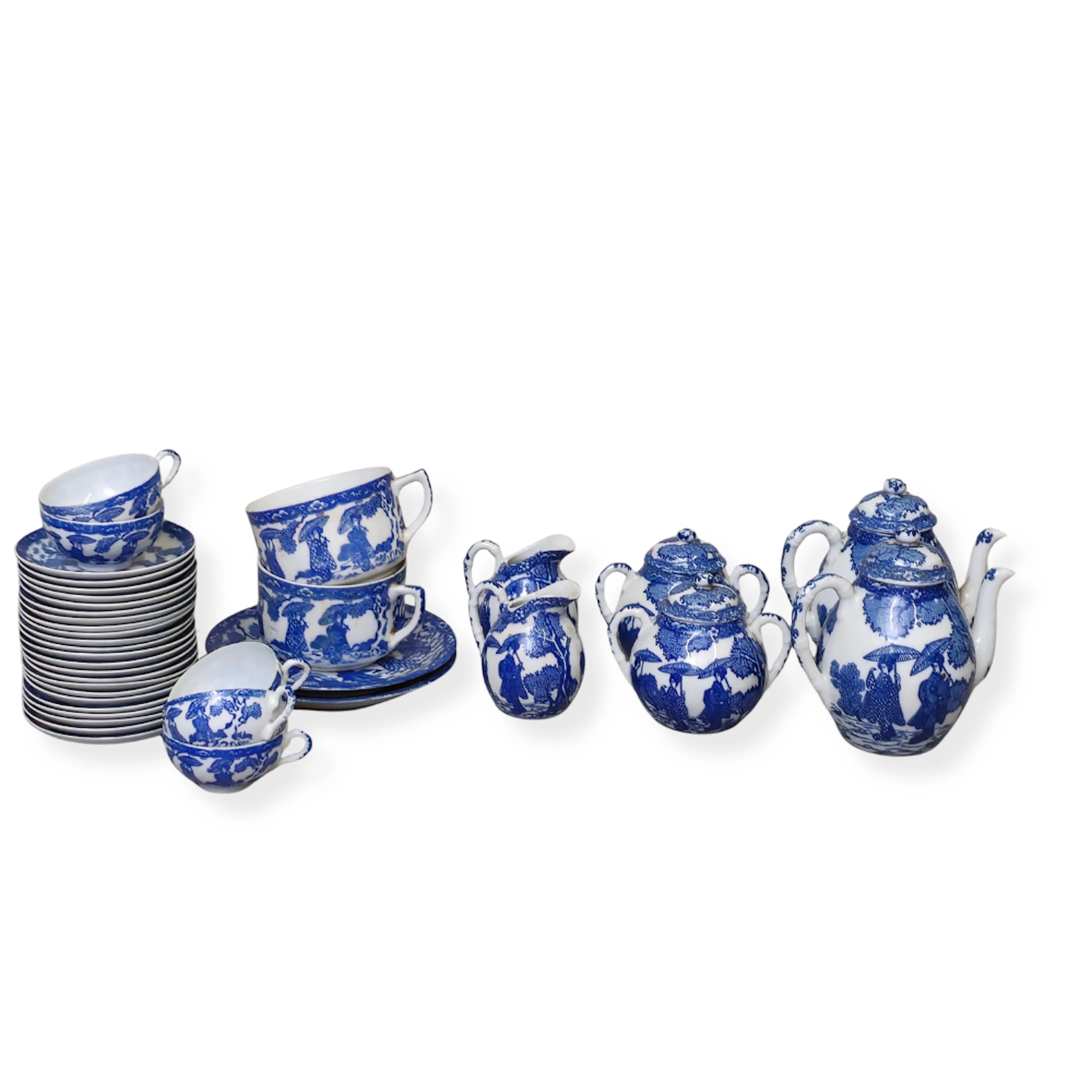 JUEGO DE TÉ JAPONÉS EN PORCELANA BLANCO Y AZUL.