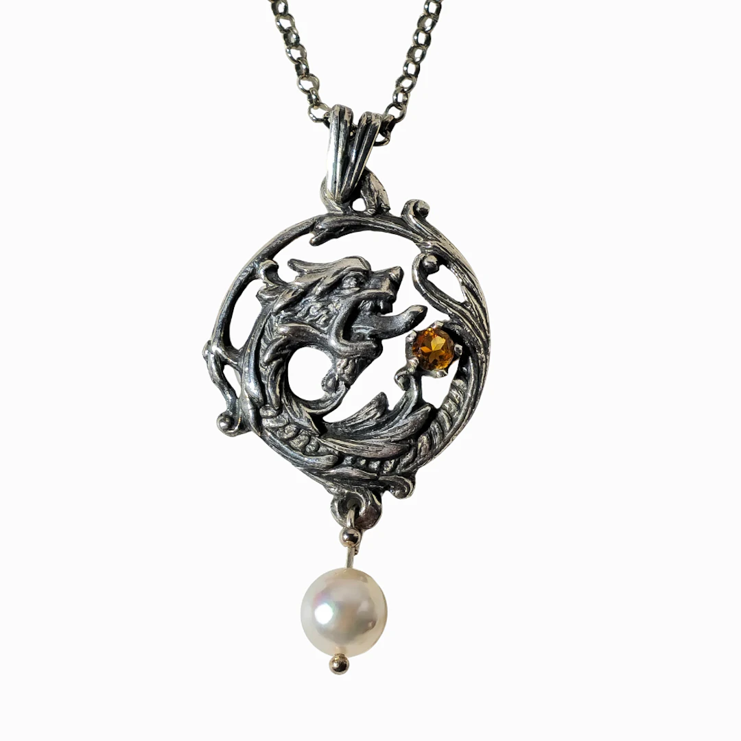Collar y colgante estilo modernista en plata. CON Citrino y perla cultivada.