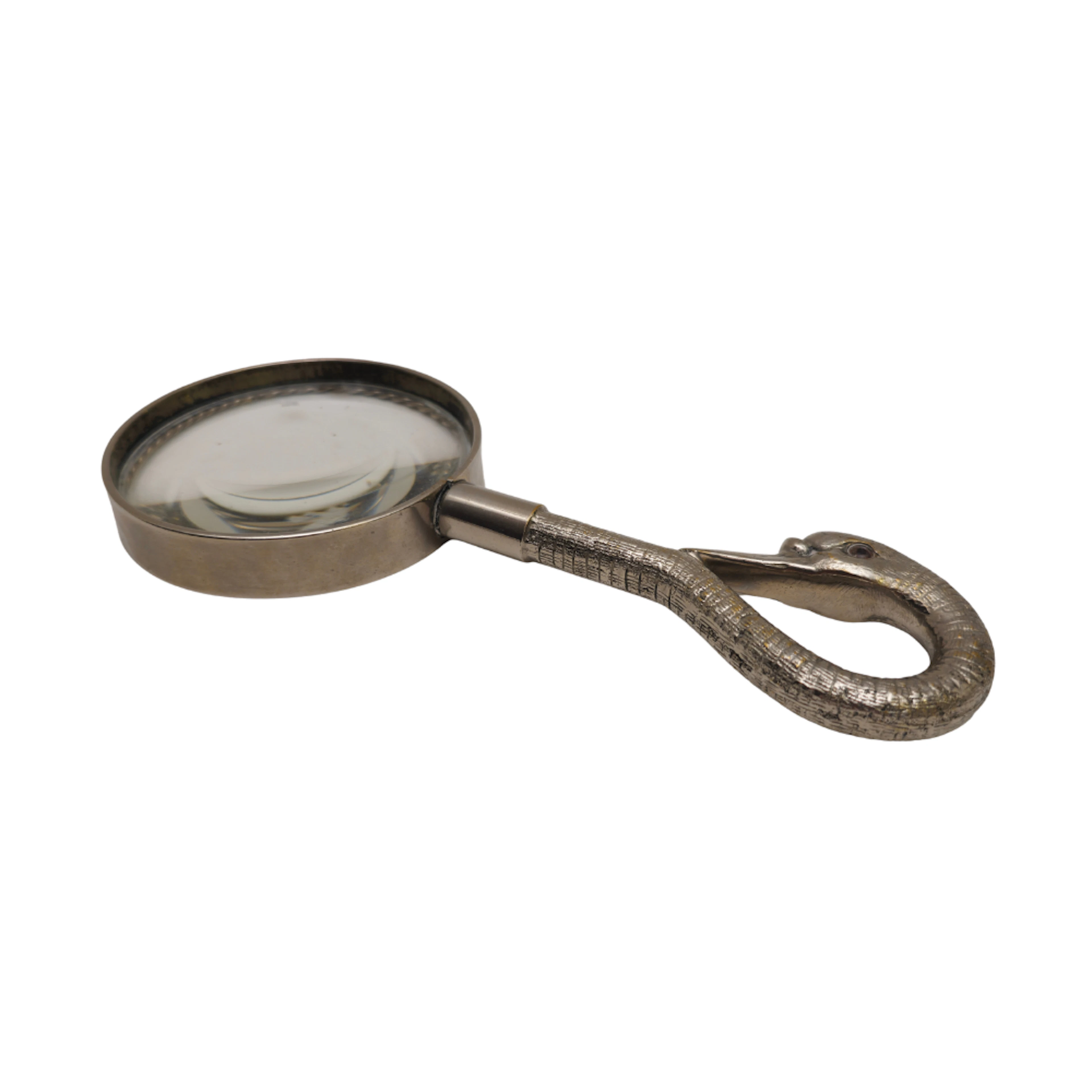 LUPA DE DESPACHO CON CISNE EN METAL PLATEADA.