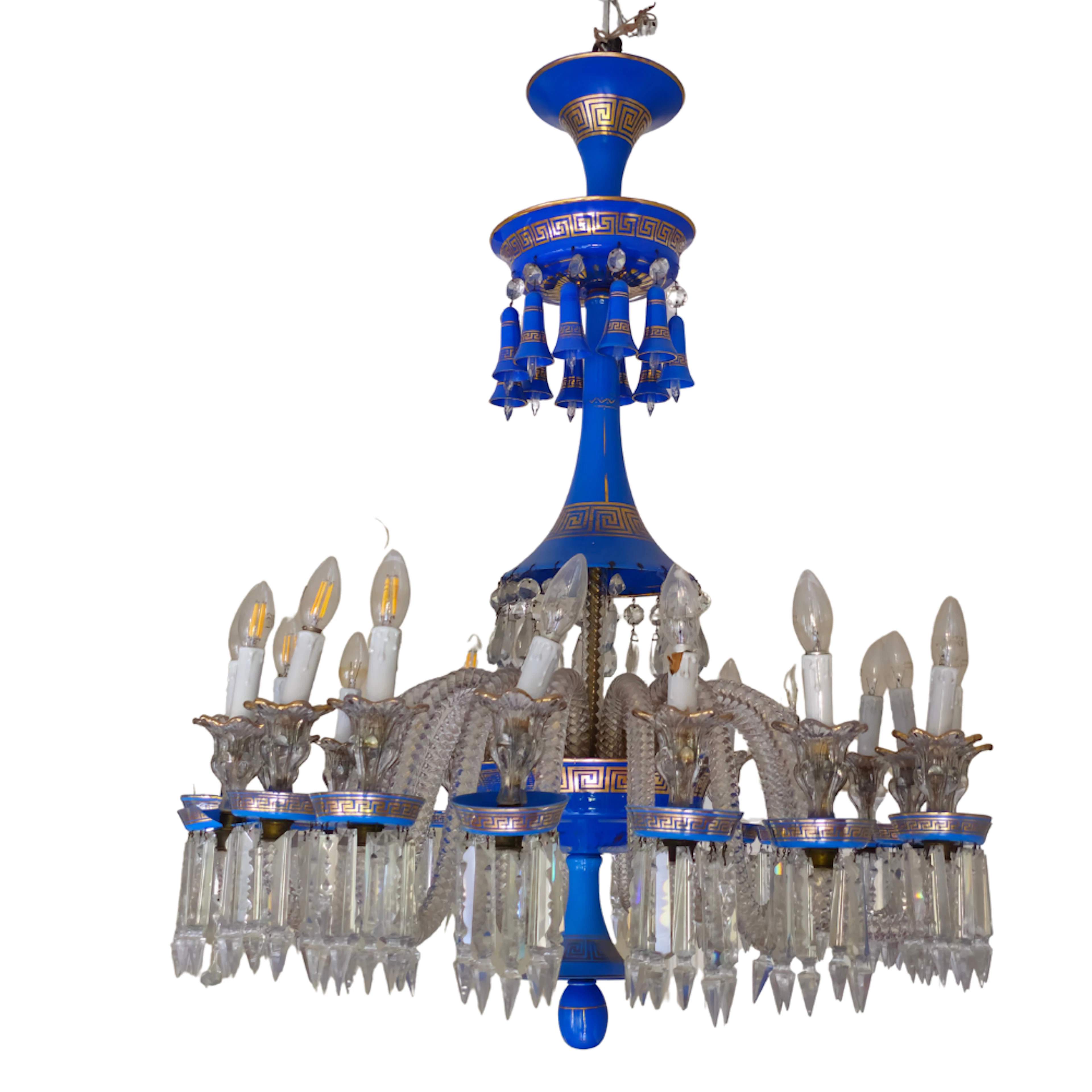 Gran lámpara de techo en vidrio azul e incoloro con decoración a la