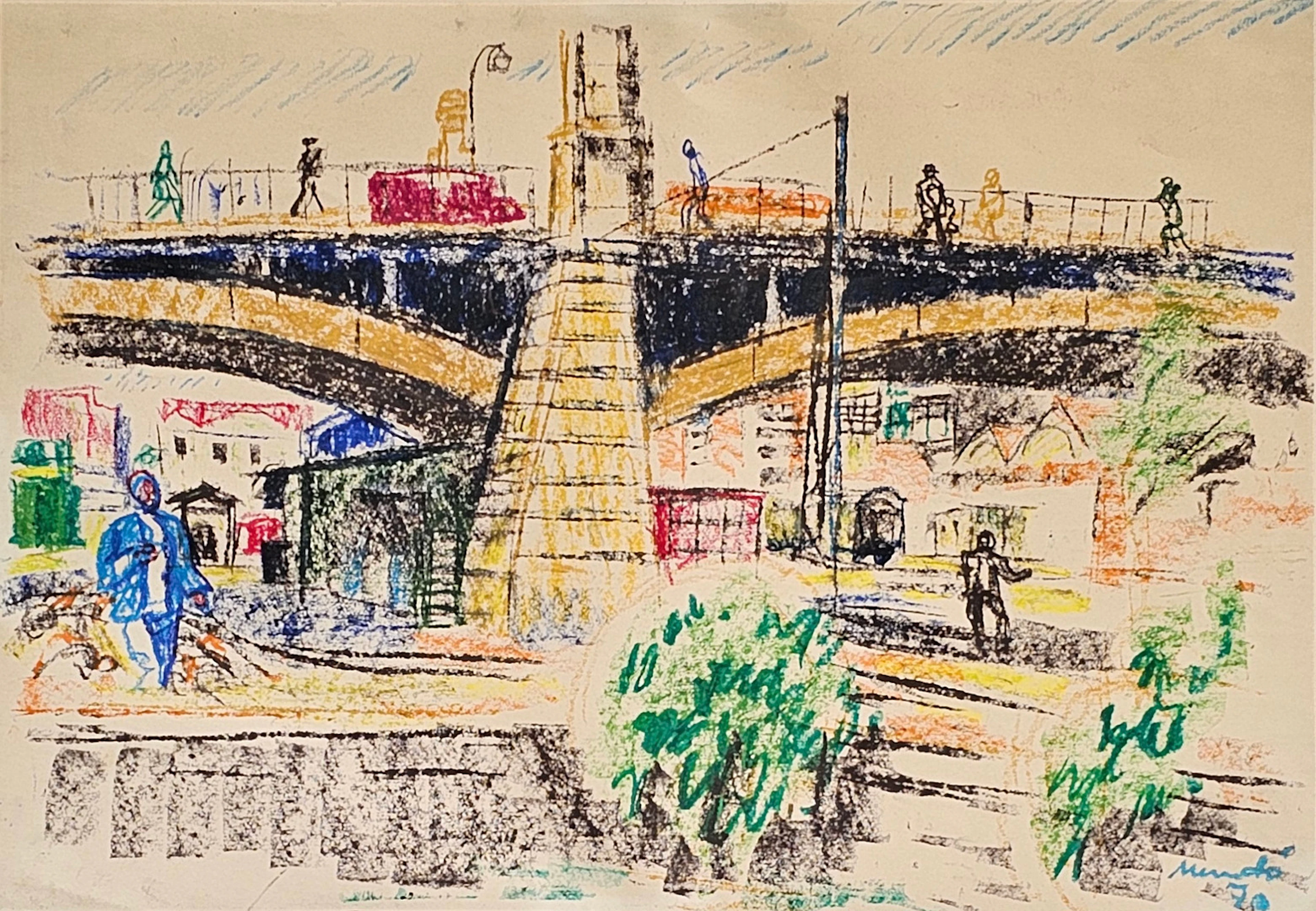 IGNASI MUNDÓ. Puente, dibujo a ceras sobre papel.