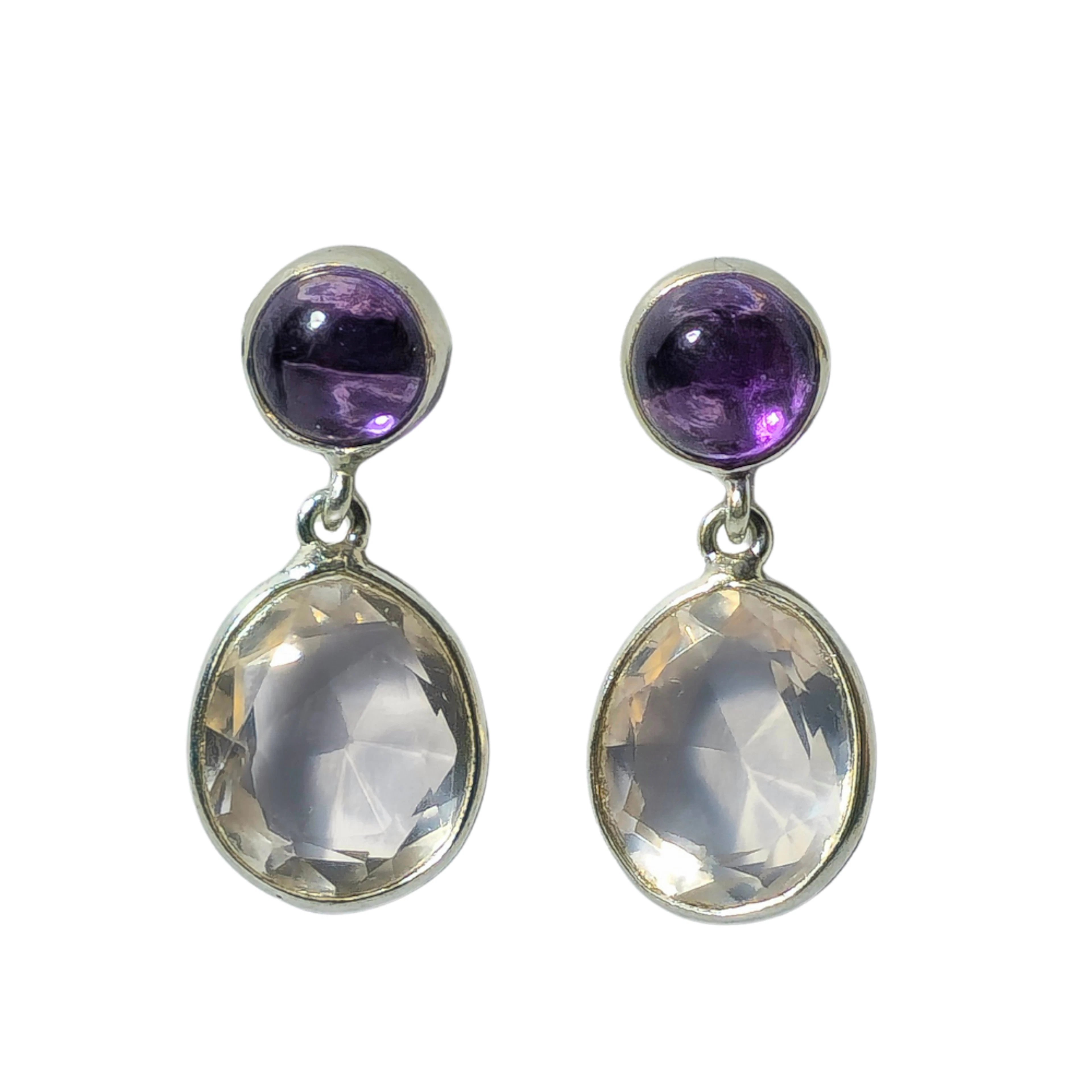 PENDIENTES EN PLATA CON AMATISTA Y CUARZO ROSA.