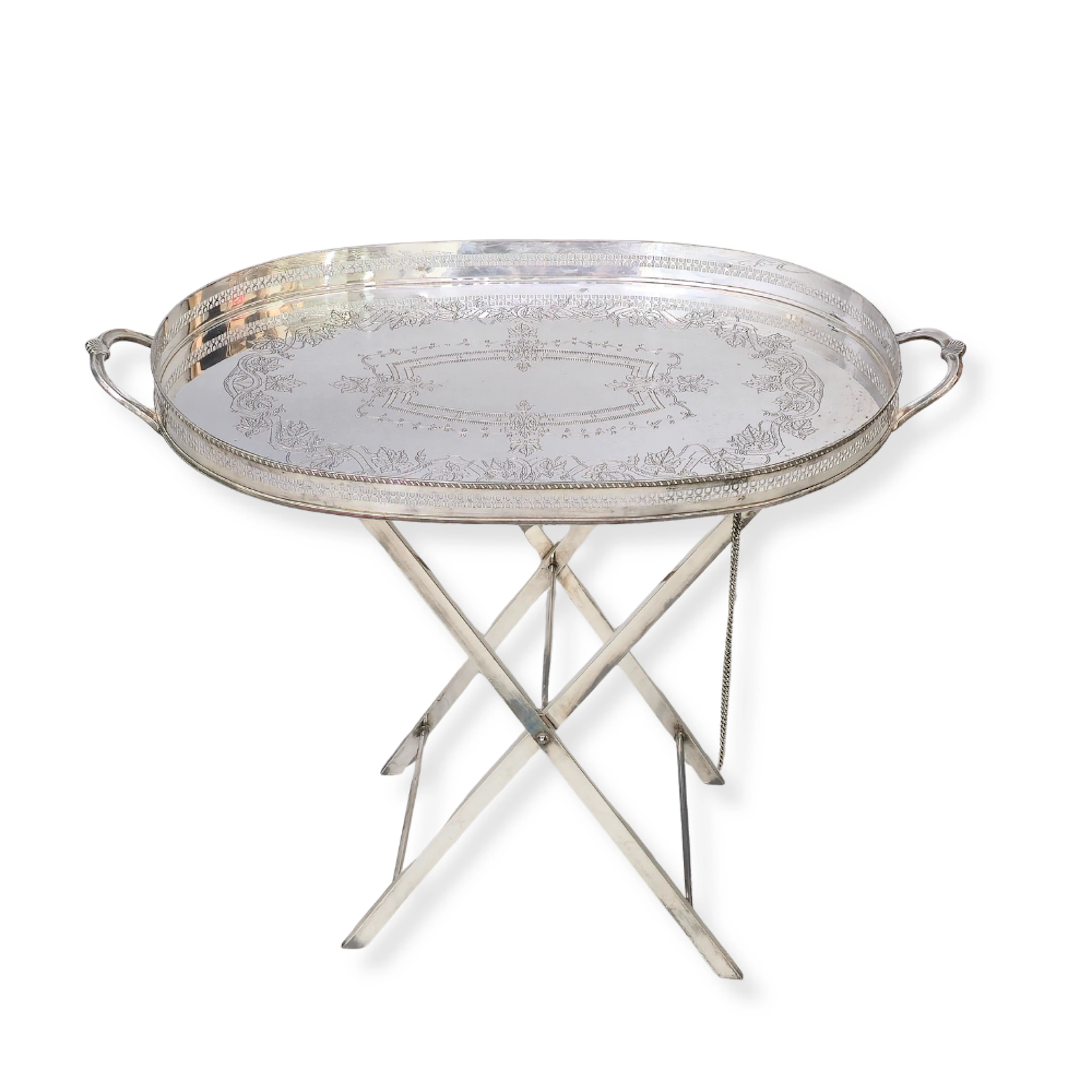 BANDEJA/MESA CAMARERO EN METAL PLATEADO. PIE PLEGABLE Y BANDEJA CON