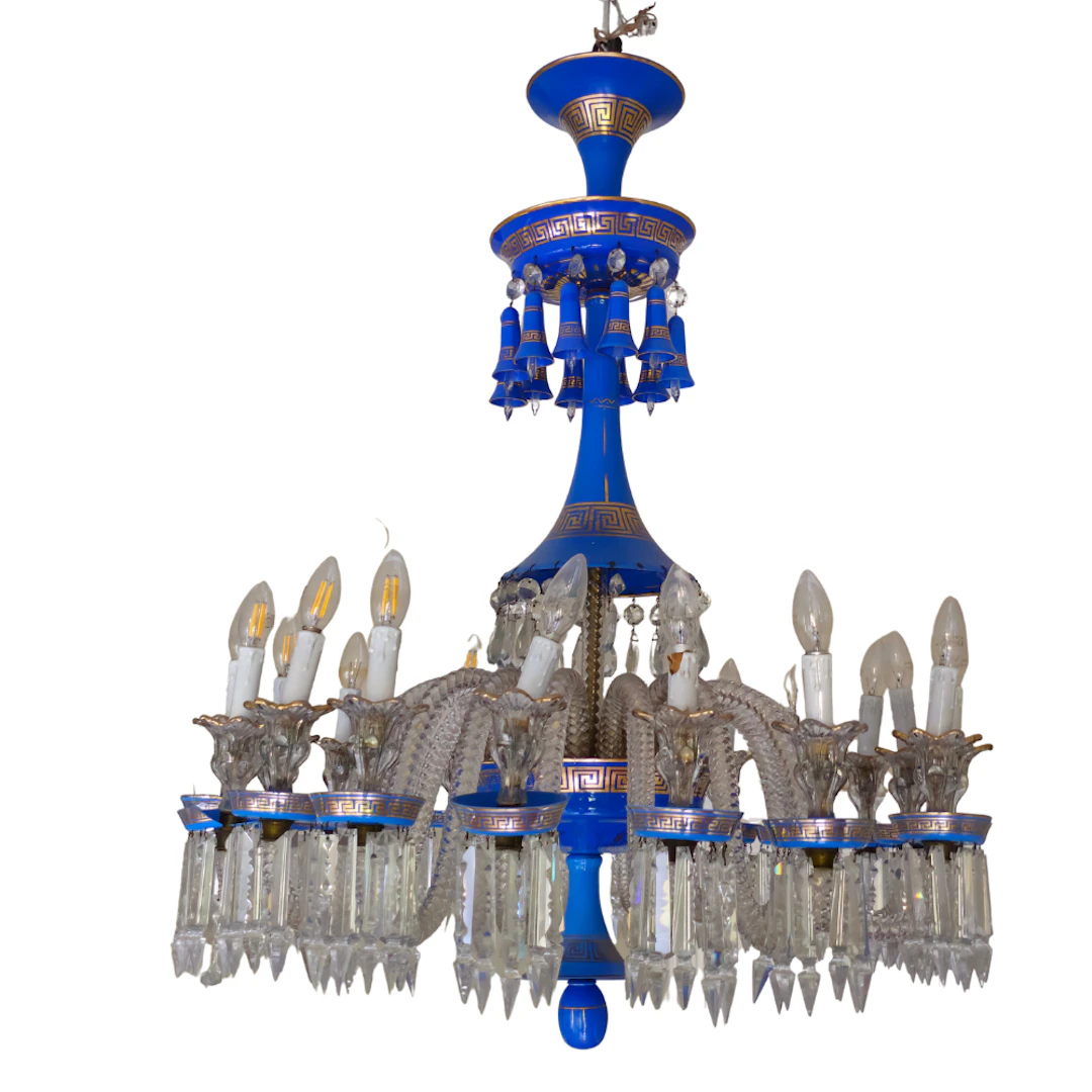 Gran lámpara de techo en vidrio azul e incoloro con decoración a la