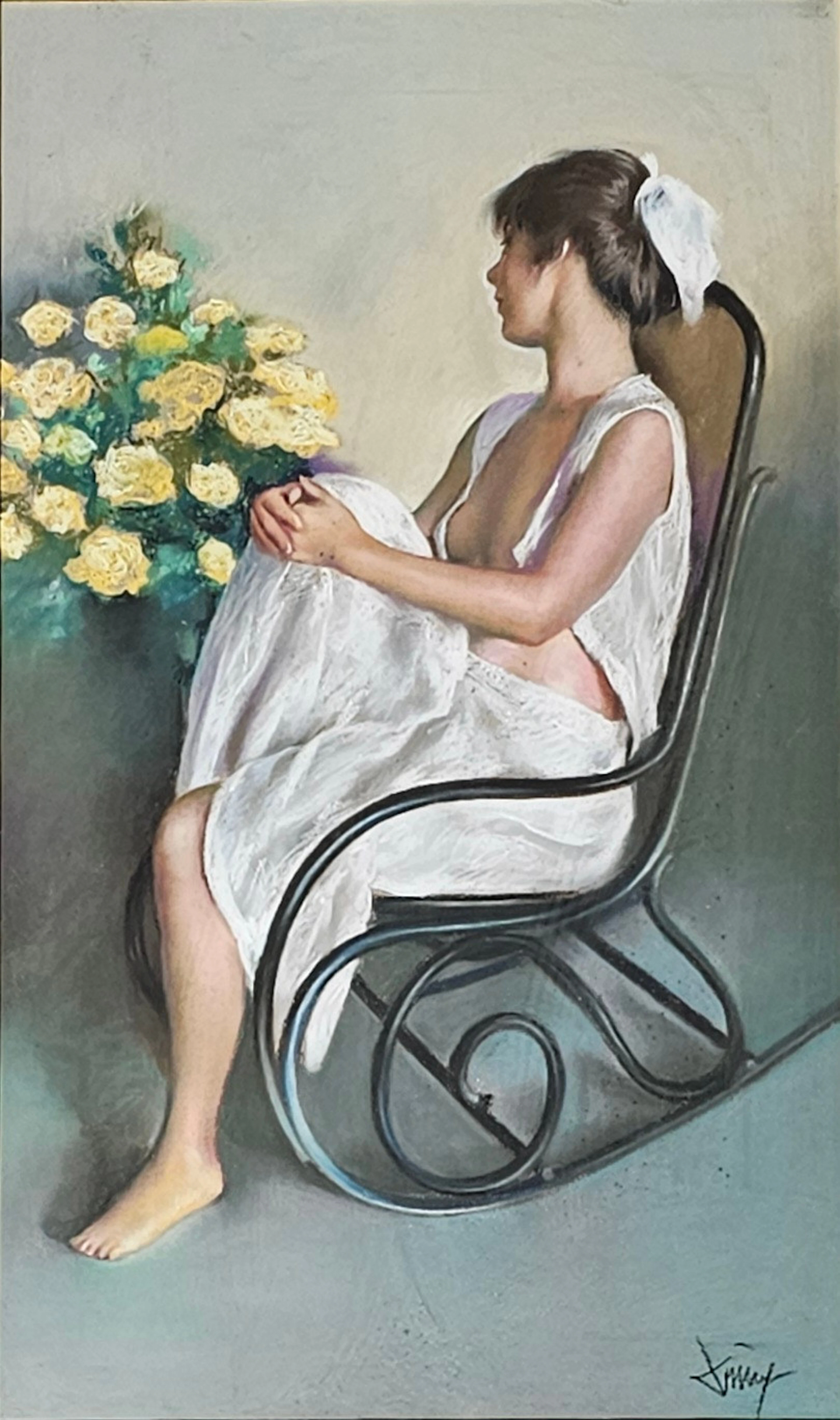 DOMINGO ÁLVAREZ GÓMEZ. EN LA MECEDORA. PASTEL SOBRE PAPEL.