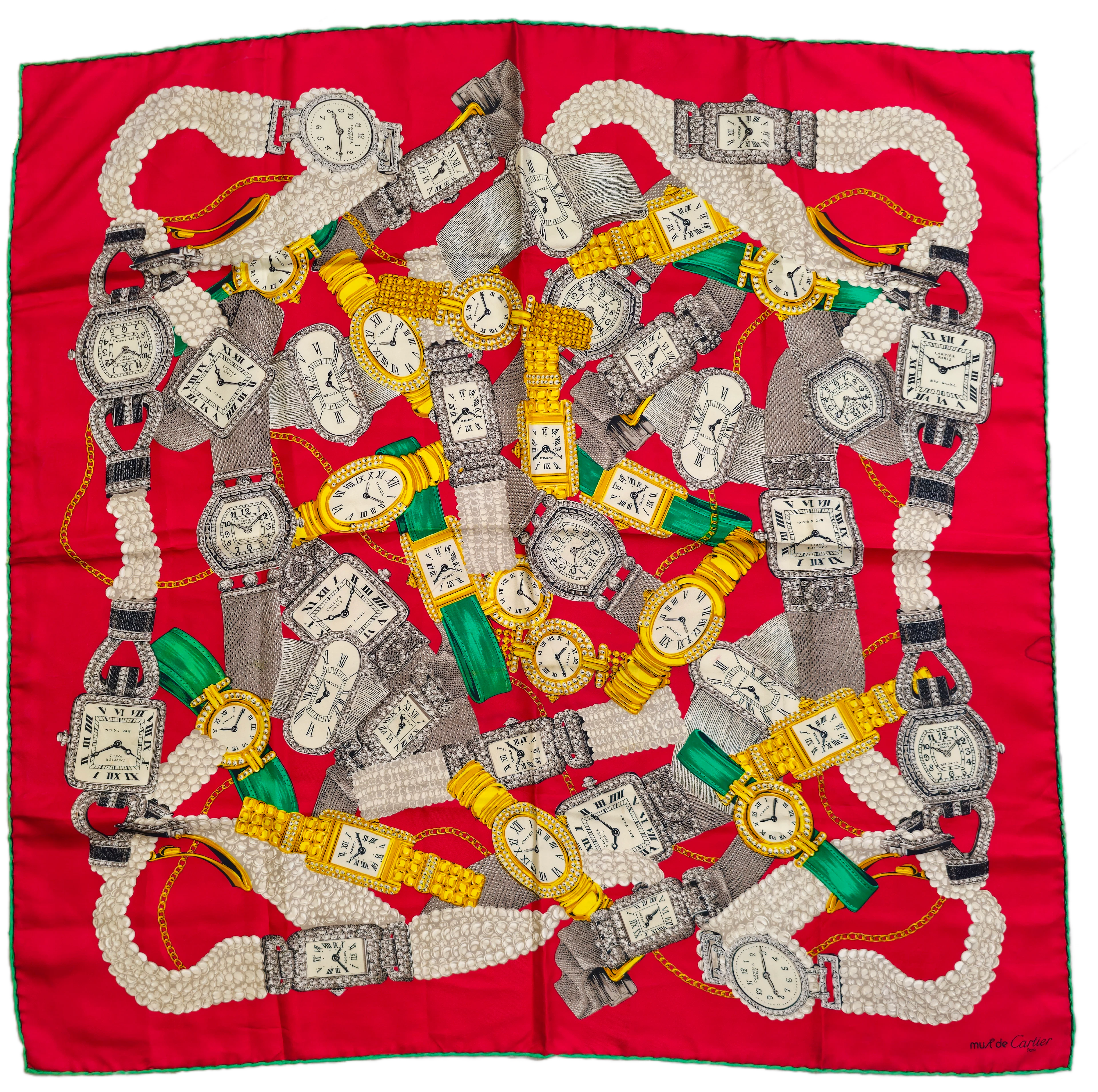 MUST DE CARTIER. FOULARD CARRÉ EN SEDA. COLECCIÓN DE RELOJES JOYA.