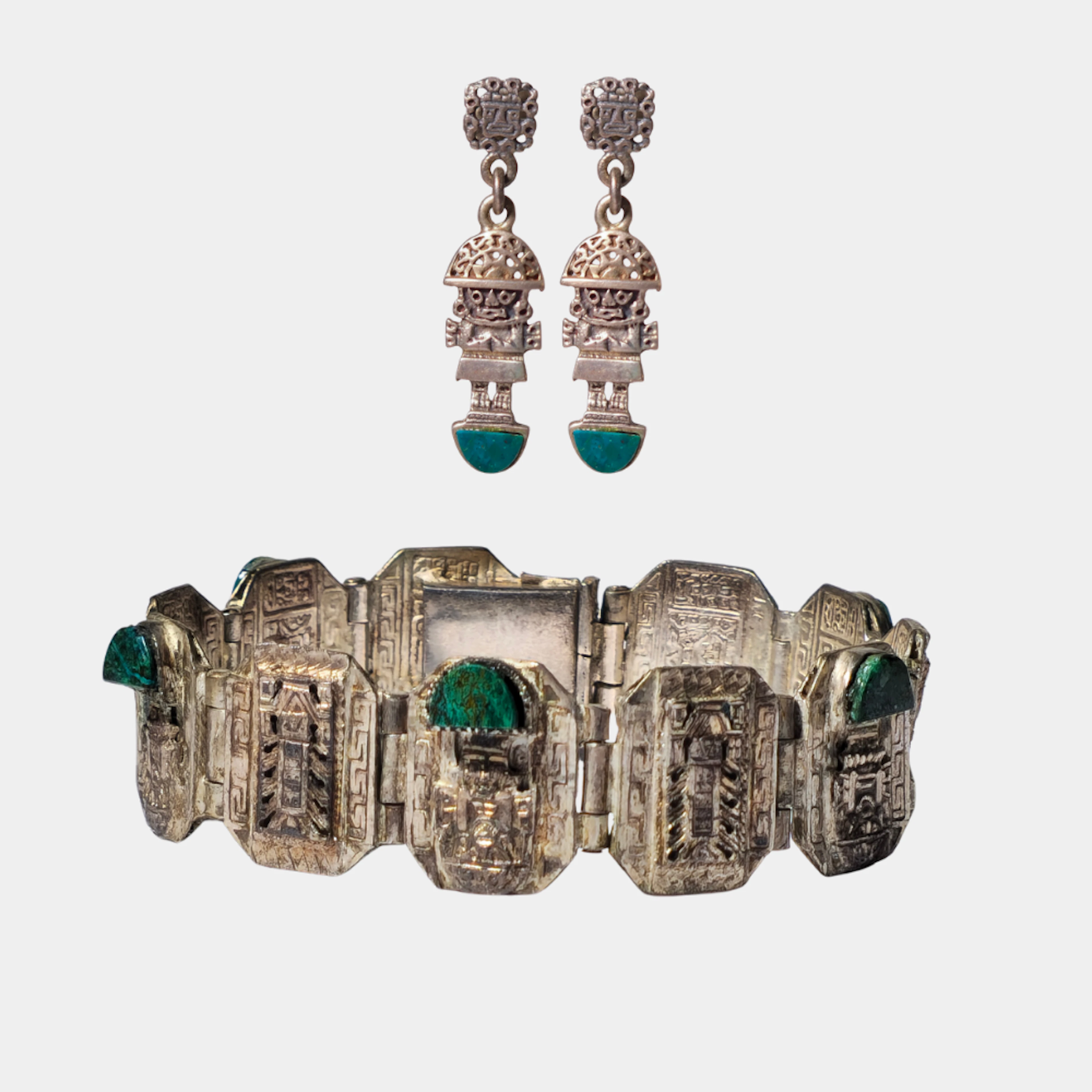 BRAZALETE Y PENDIENTES EN PLATA PERUANA CON MALAQUITA.