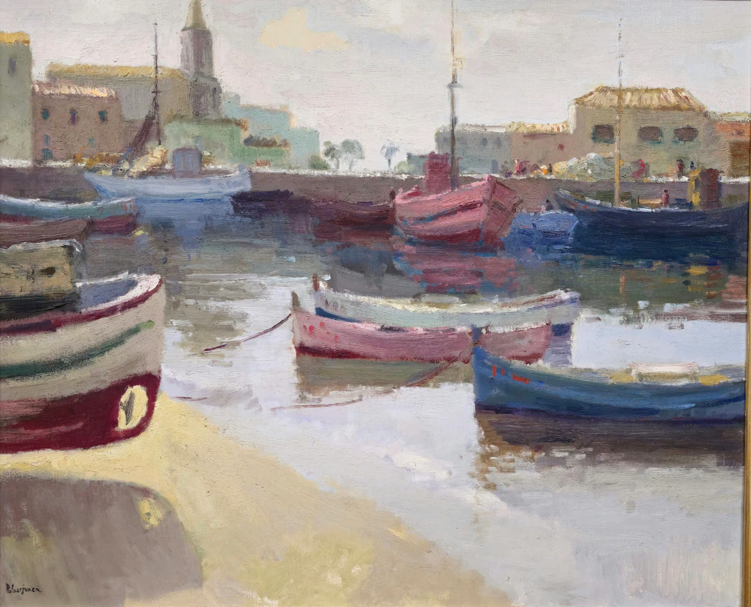 JOAN RAMON PALAU JUNCA. PAISAJE DE BARCAS. ÓLEO SOBRE LIENZO.