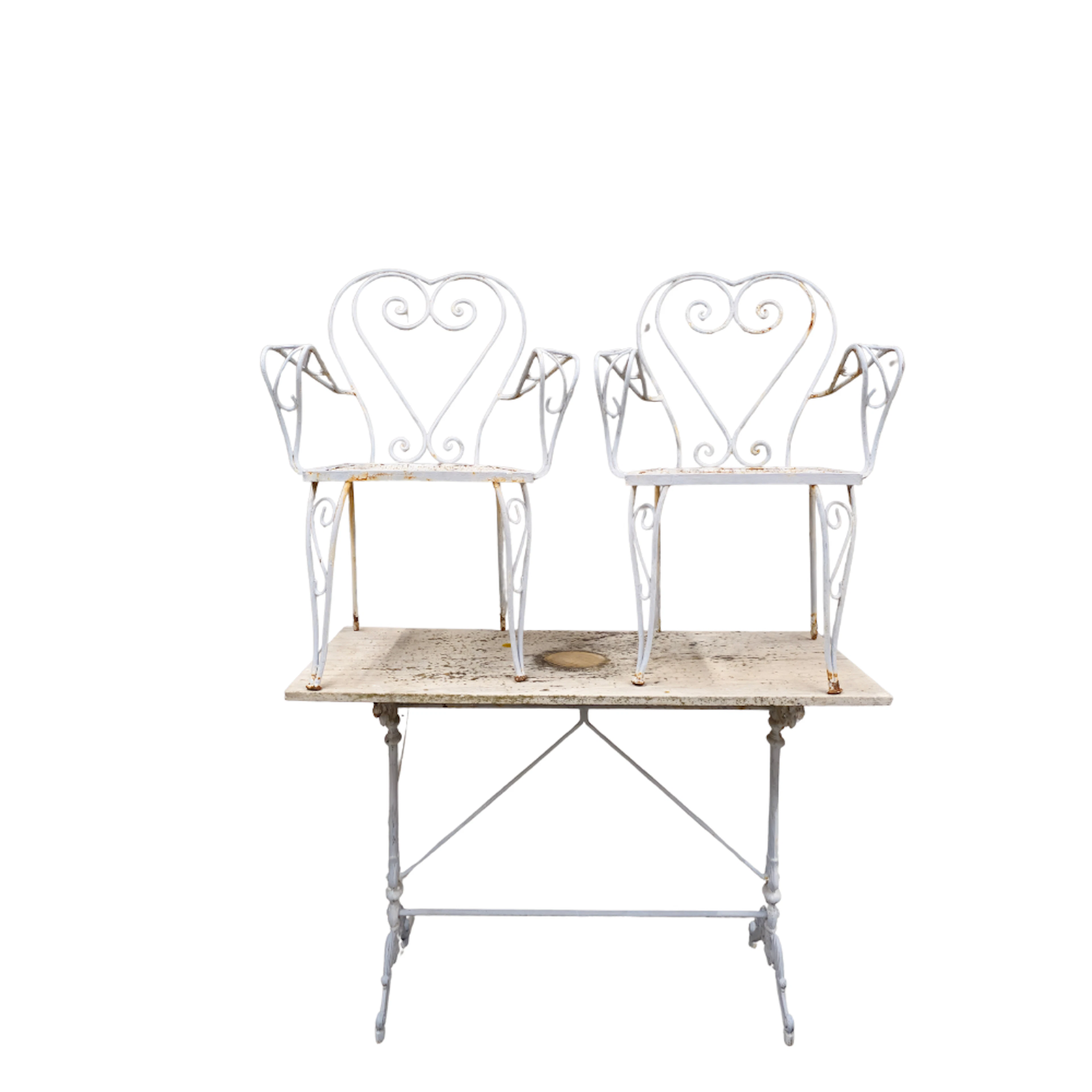 MESA DE JARDIN FRANCESA CON DOS SILLAS EN HIERRO FUNDIDO A JUEGO. C. 1960S.
