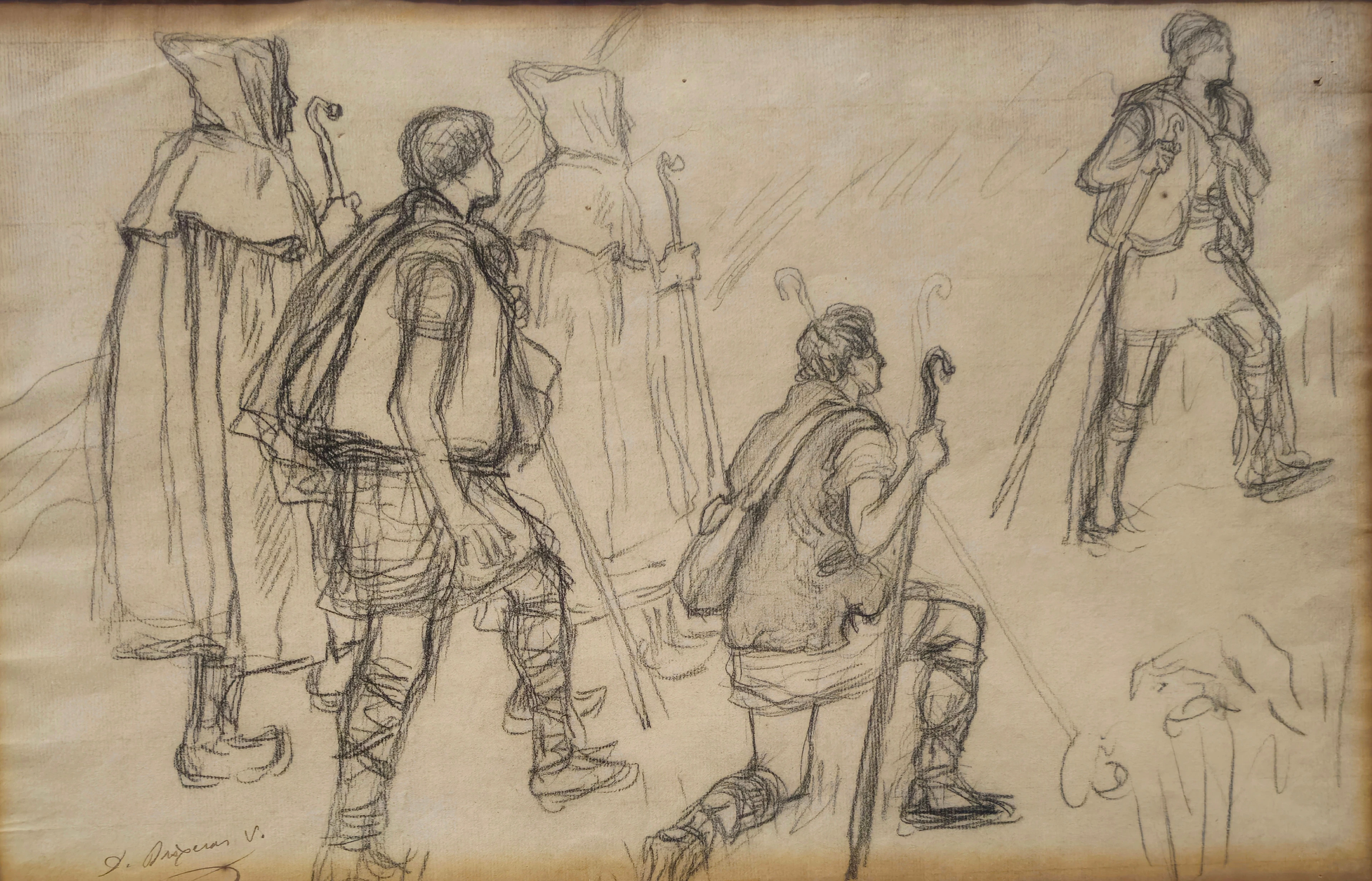 DIONÍS BAIXERAS. Estudio de varias figuras de pastores, dibujo sobre