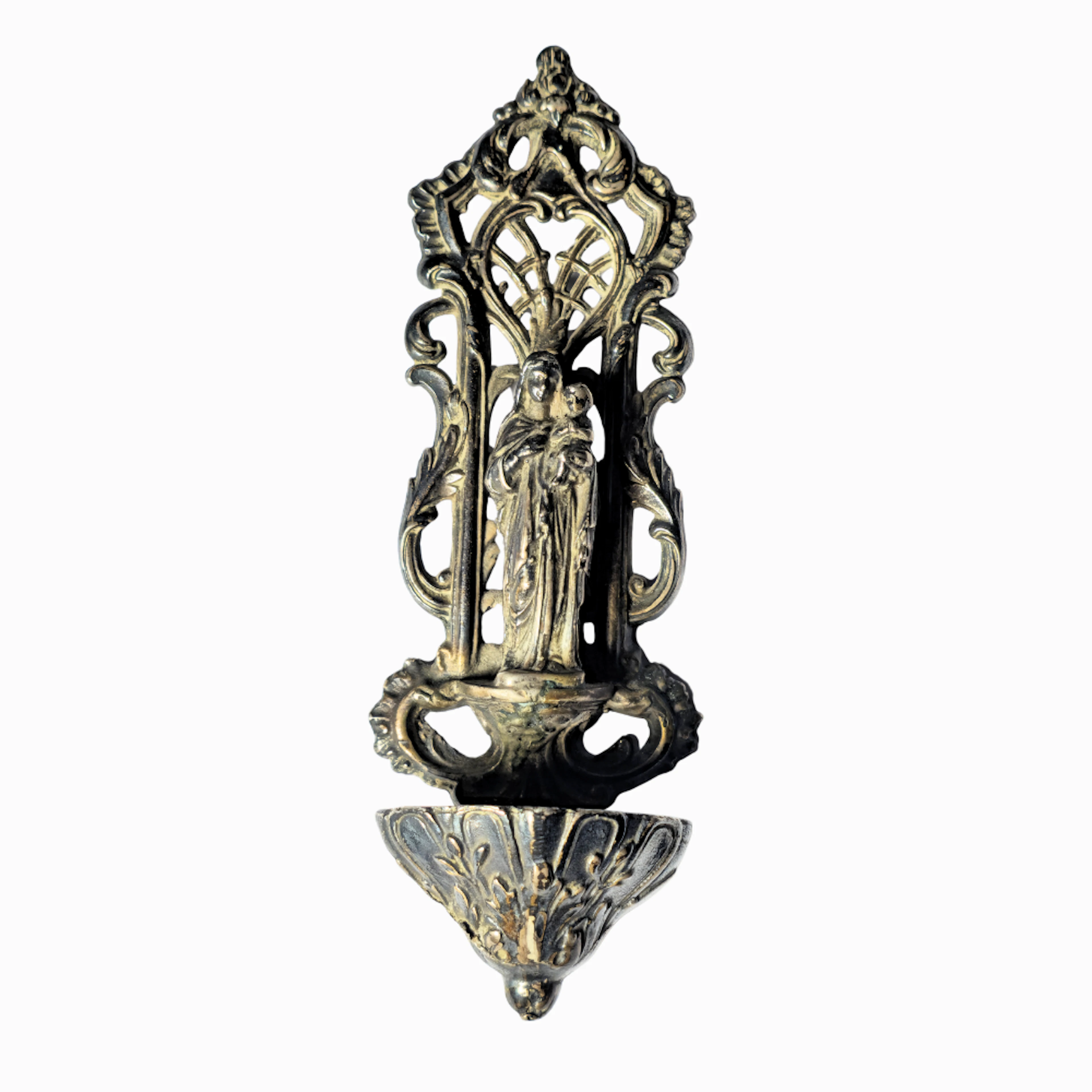 Benditera con virgen y niño Jesús en plata punzonada.