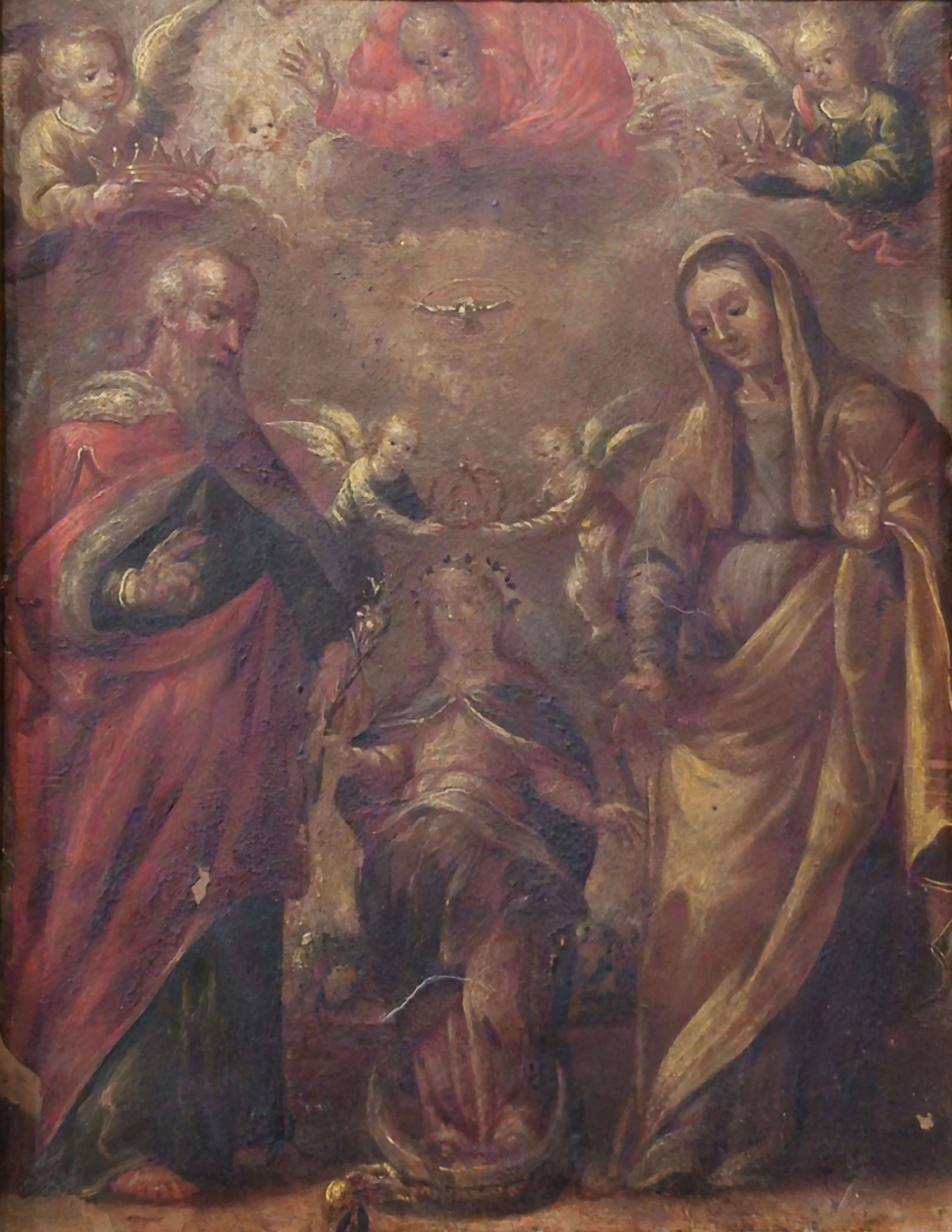 ESCUELA ESPAÑOLA DEL SIGLO XVII. Virgen niña con San Joaquín y Santa Ana.