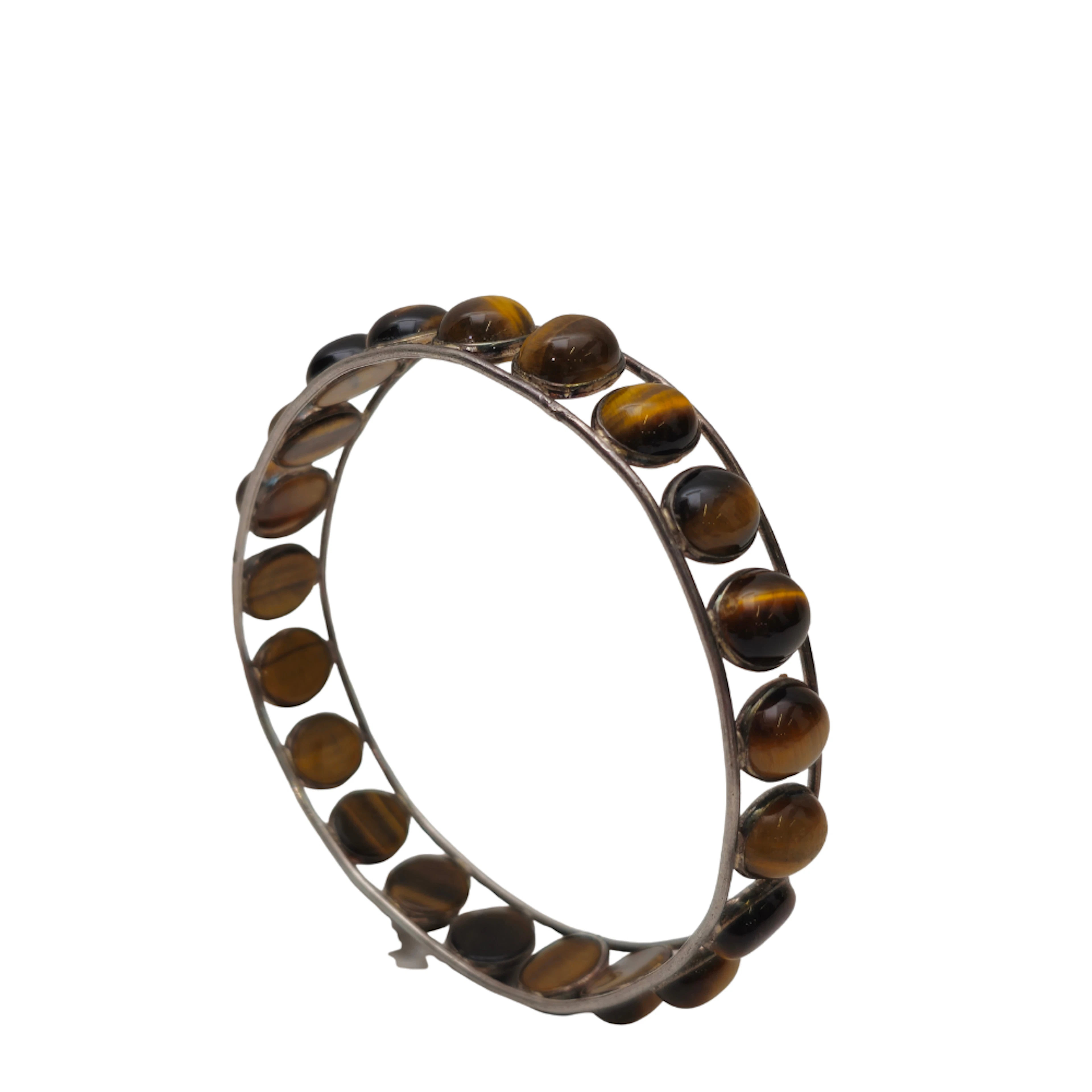 PULSERA BRAZALETE EN PLATA CON CUENTAS EN OJO DE TIGRE.