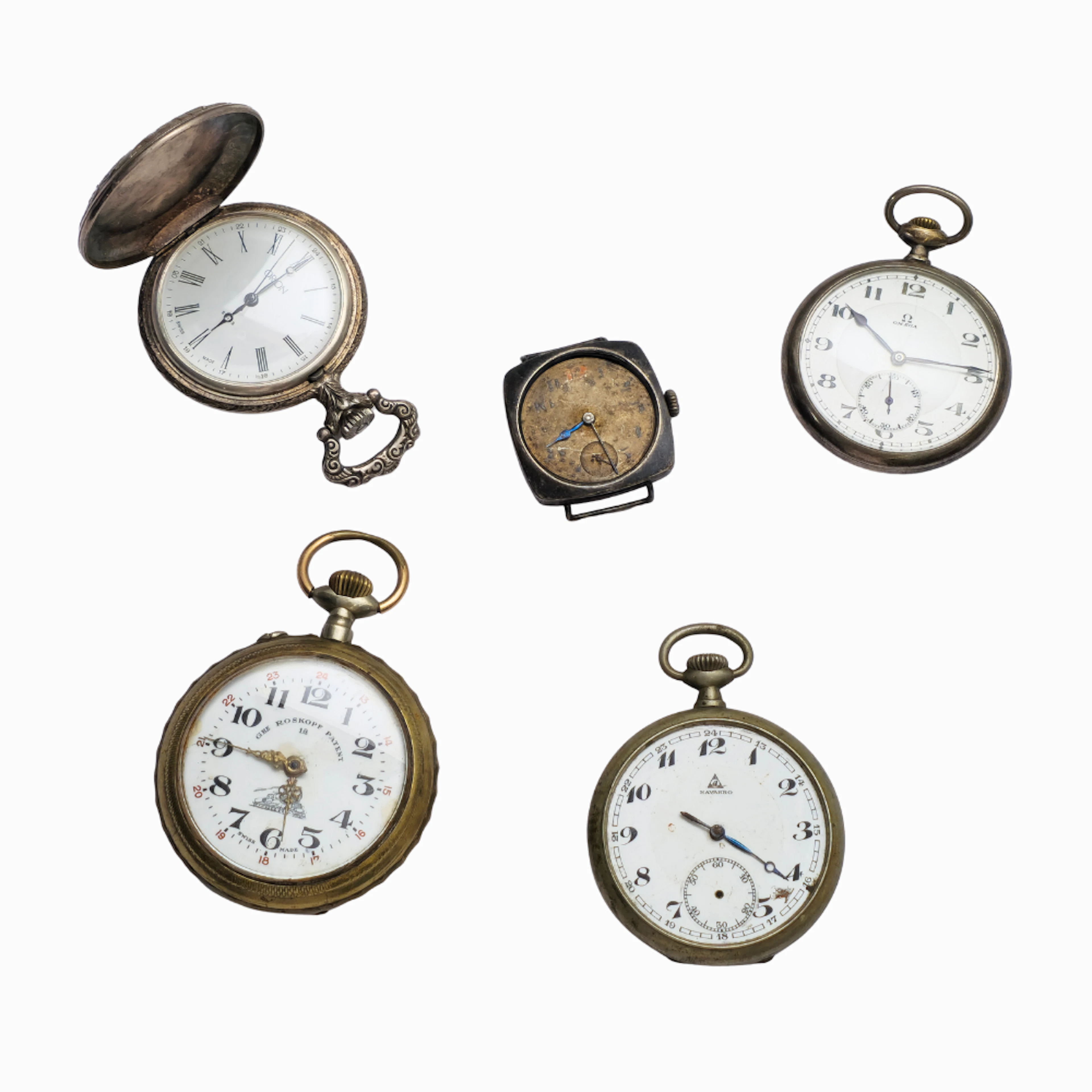 Cinco relojes de bolsillo: Navarro, Roskpf, Omega y Orion.