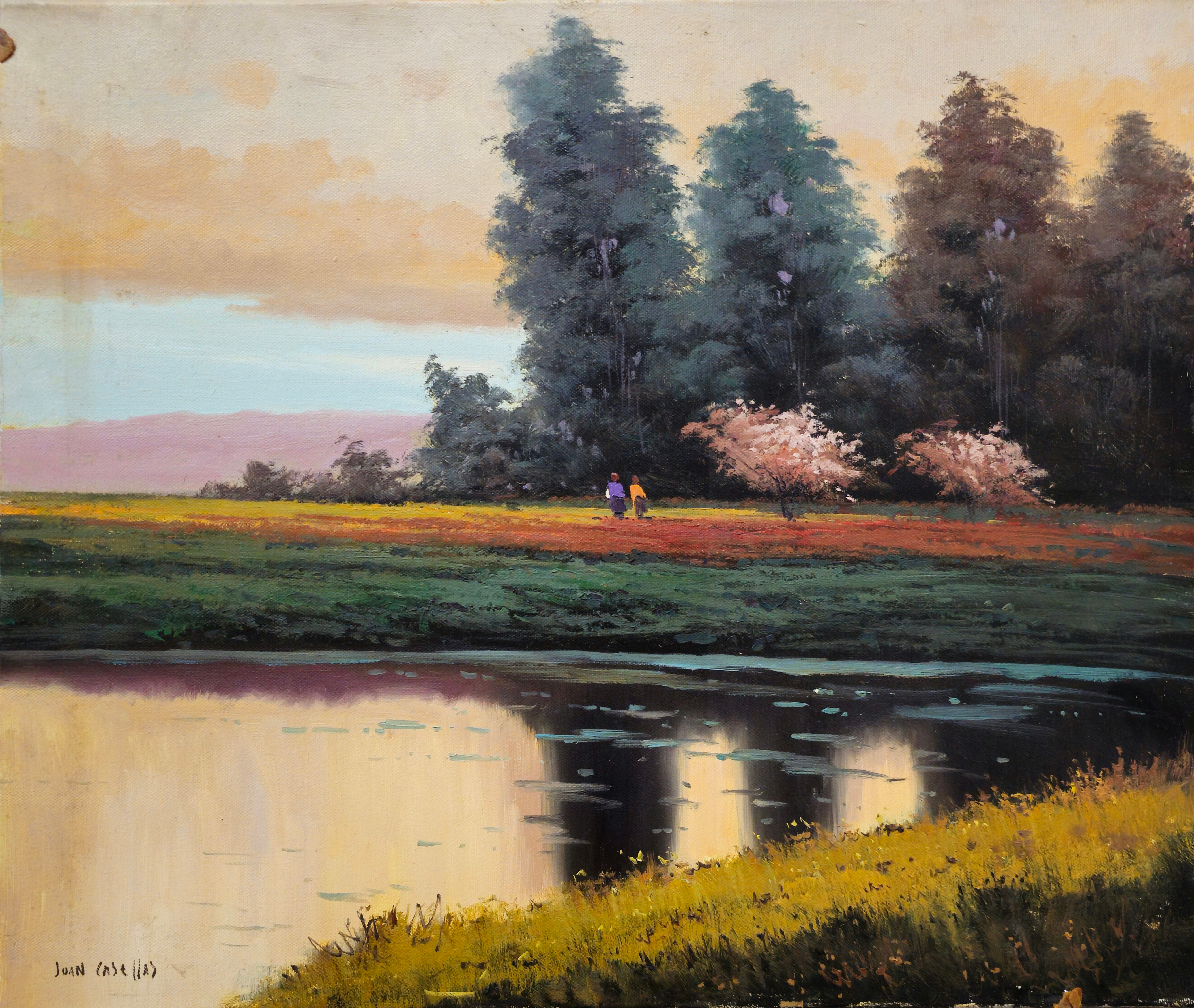 JUAN CASELLAS. Paisaje fluvial al atardecer.