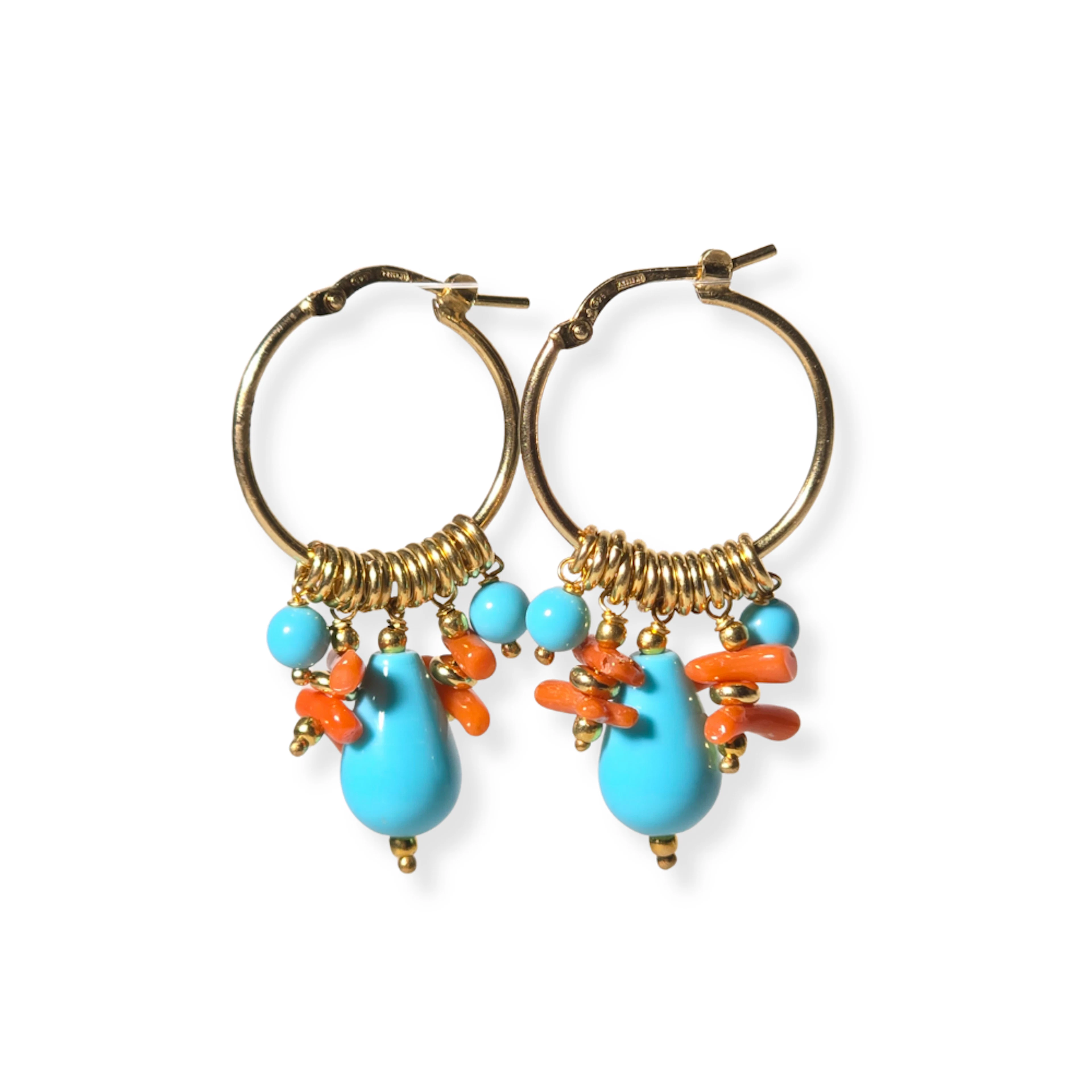 PENDIENTES ARO EN PLATA, CORAL Y TURQUESA.