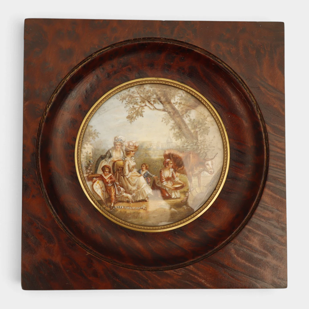 Miniatura representado escena pastoral pintada a mano. Principios siglo XX.