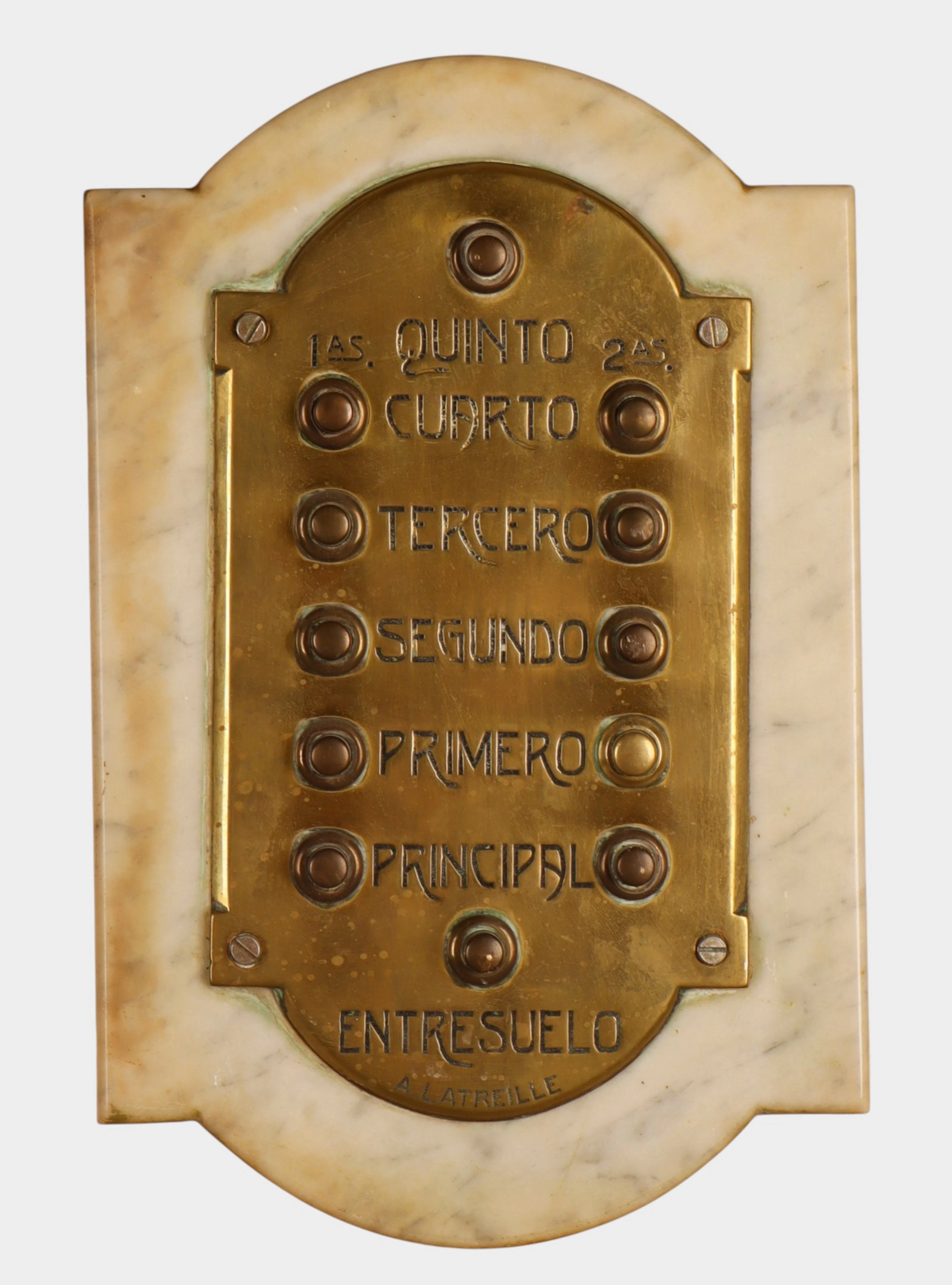 Cuadro de timbres en latón sobre placa de mármol, A. Letraille.