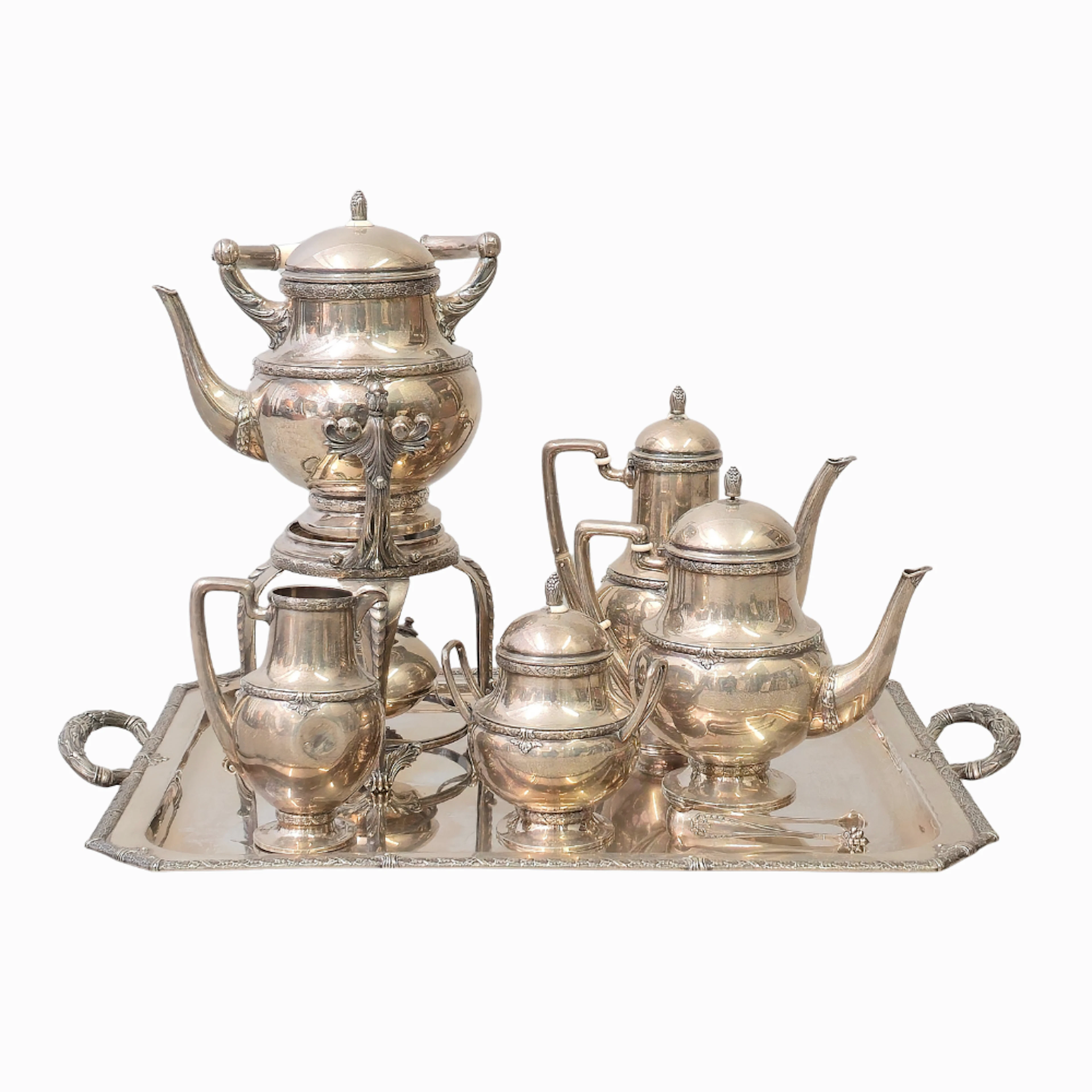 MASRIERA Y CARRERAS. Juego de café y té con samovar con plata española