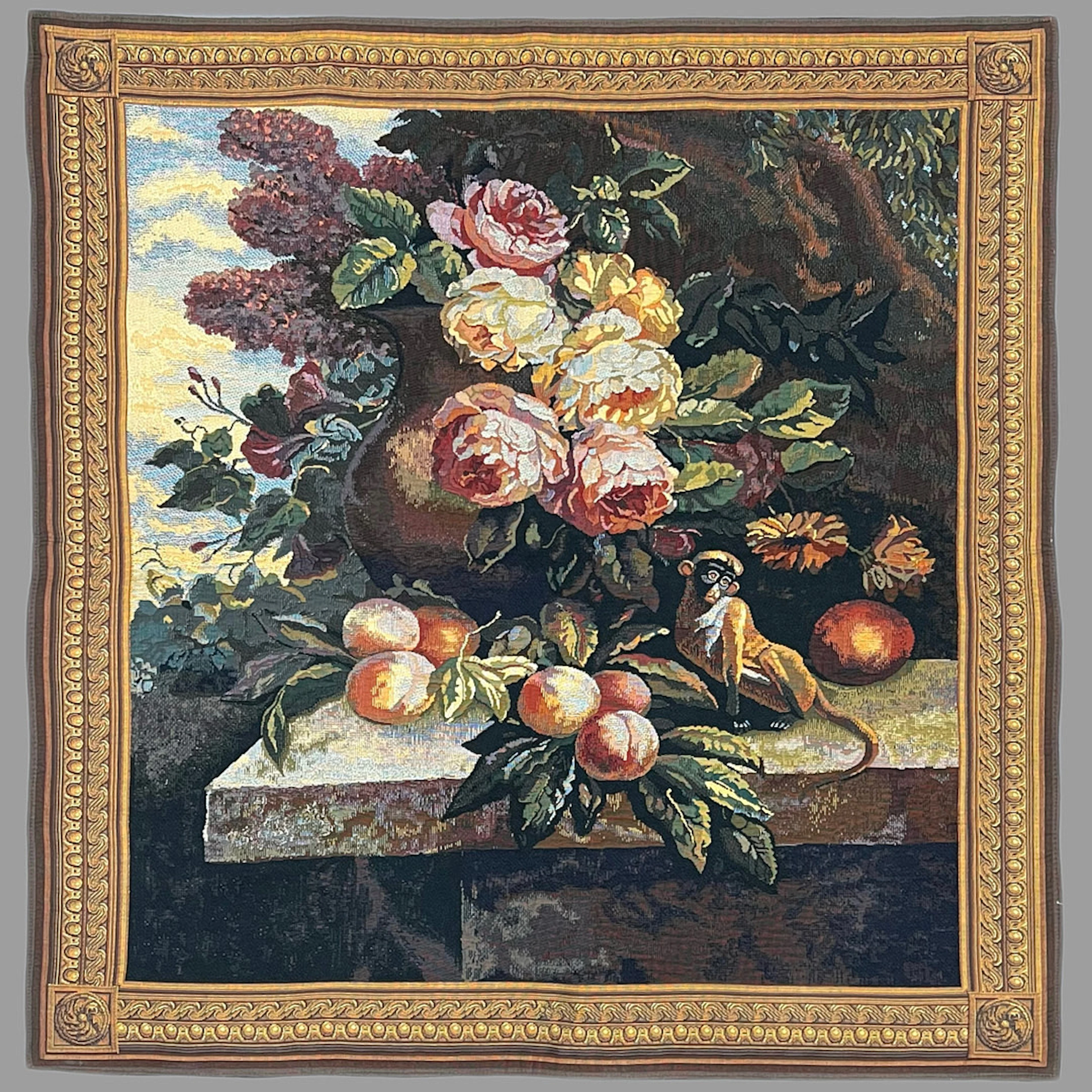 TAPÍZ ITALIANO EN ALGODÓN "BODEGÓN DE FLORES, FRUTA Y TITI". SIGLO XX.