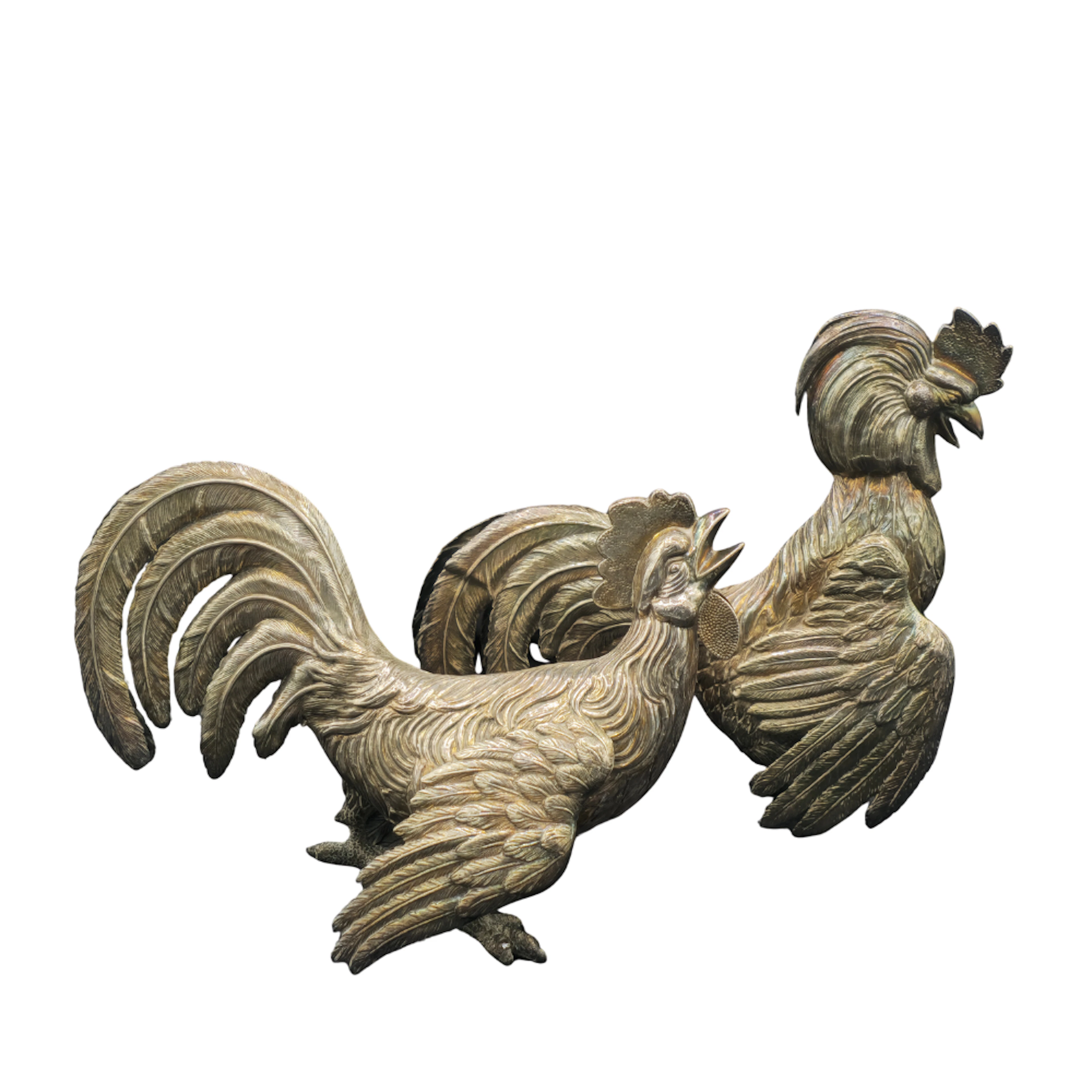 PAREJA DE GALLOS PELEANDO. PLATA.