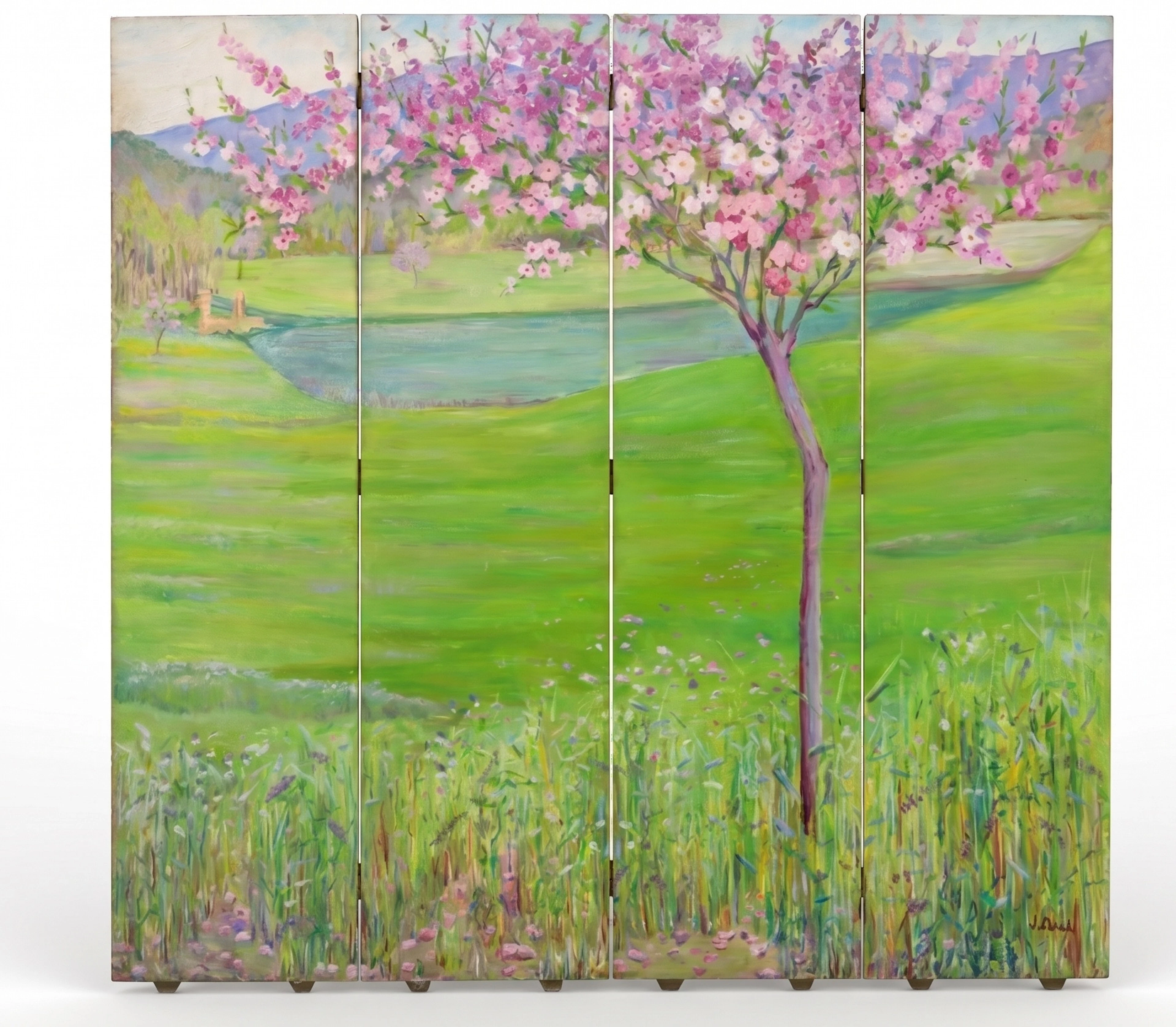 LOLA BECH (1903-1987). Paisaje en biombo de cuatro hojas.