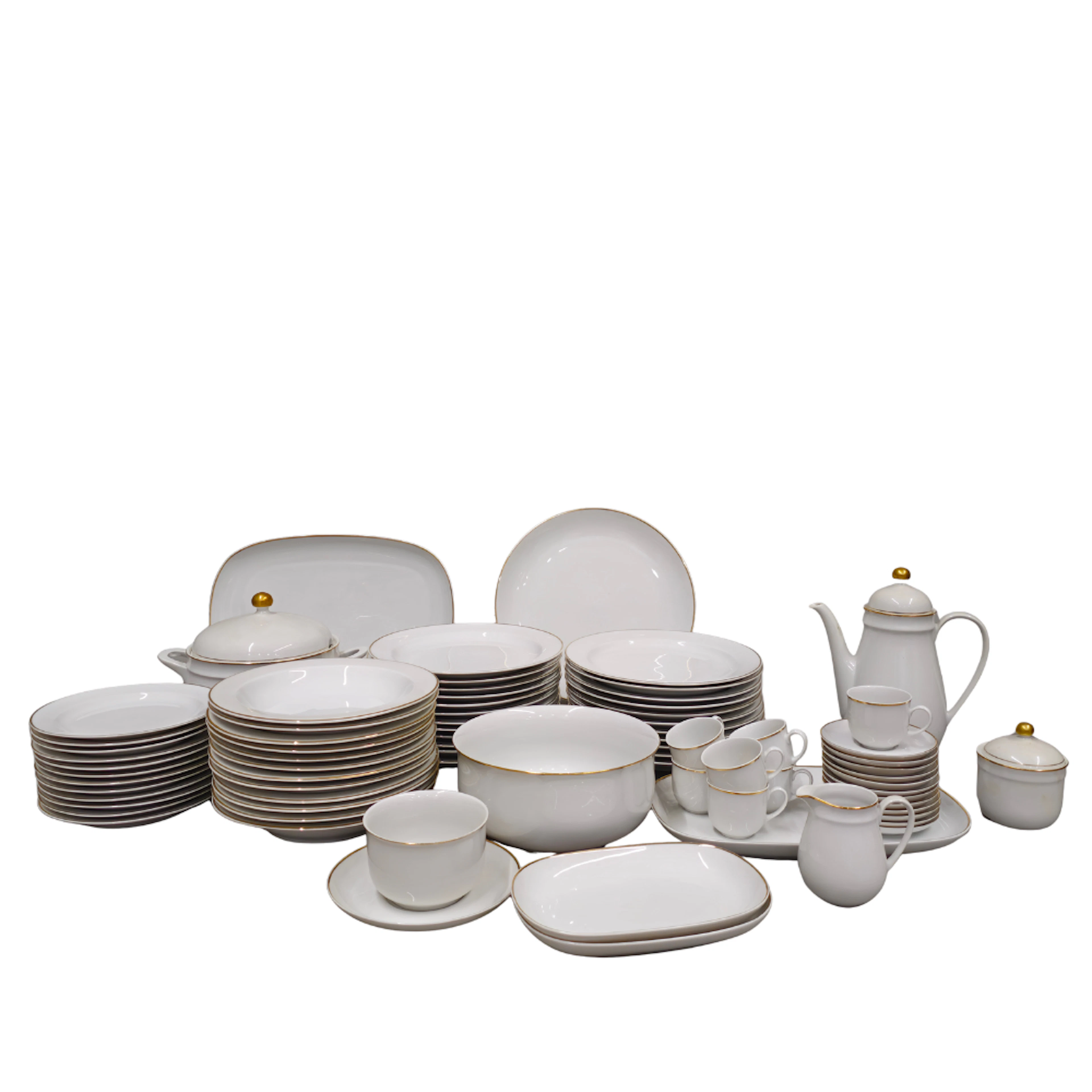 VAJILLA ALEMANA ARZBERG DE PORCELANA FINA CON RIBETE DORADO DE 12 SERVICIOS.