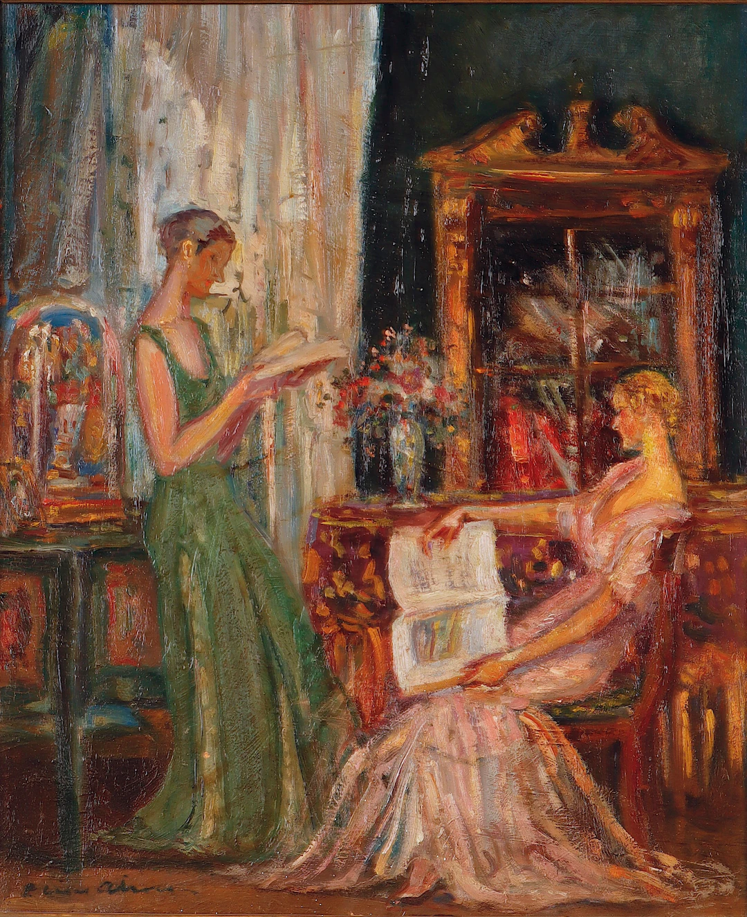 PERE CASAS ABARCA (1875–1958). Interior con dos jóvenes.