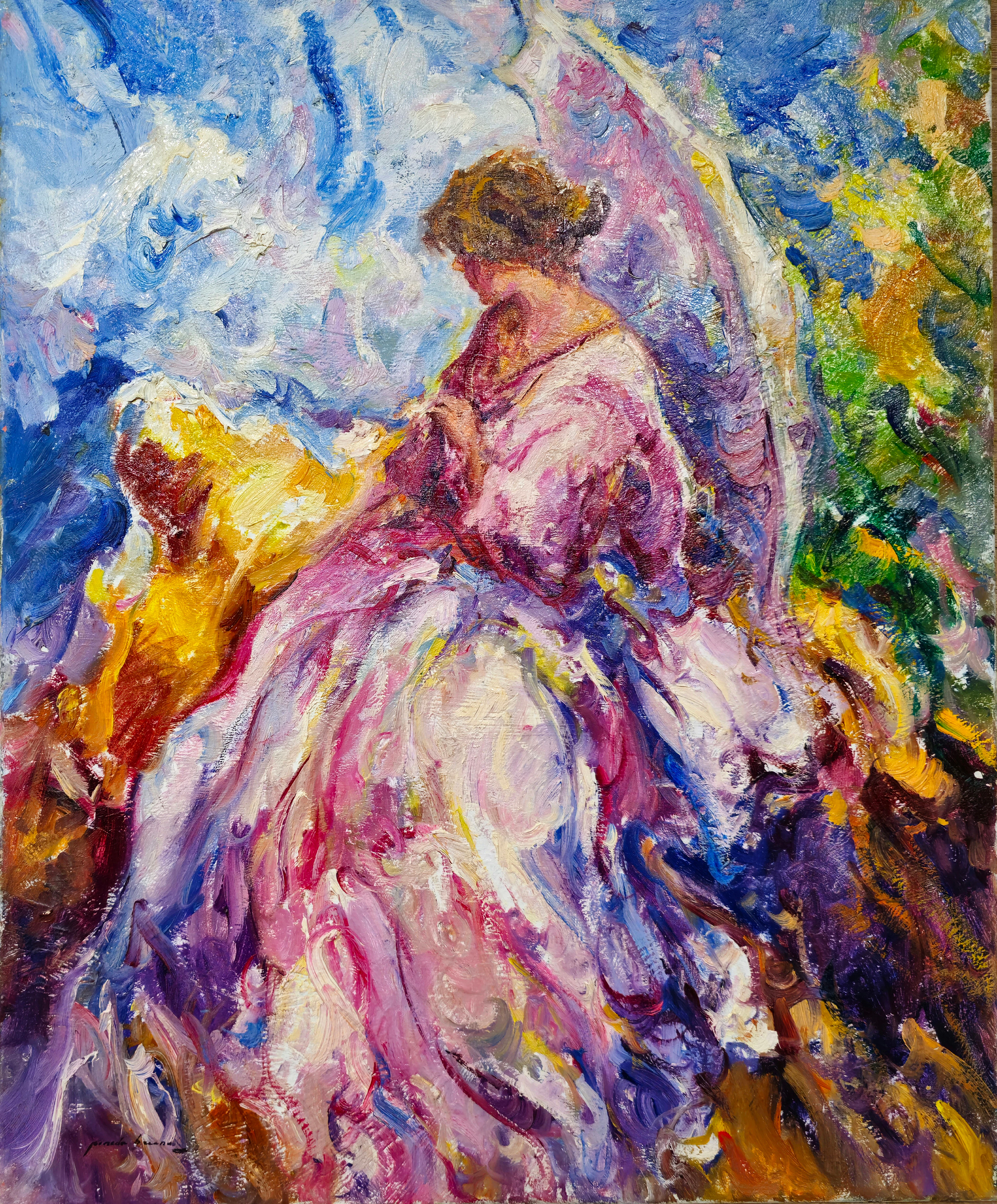 JOSE ANTONIO PINEDA BUENO. MUJER CON VESTIDO ROSA. ÓLEO SOBRE LIENZO.