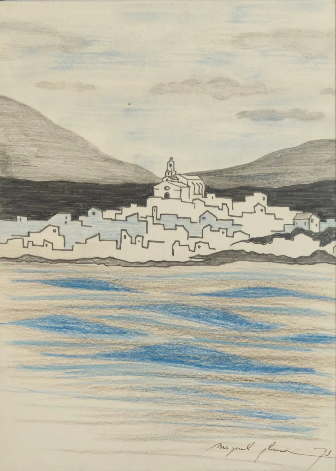 MIQUEL PLANA CORCÓ. PAISAJE DE CADAQUÉS. LAPIZ SOBRE PAPEL. 1973.
