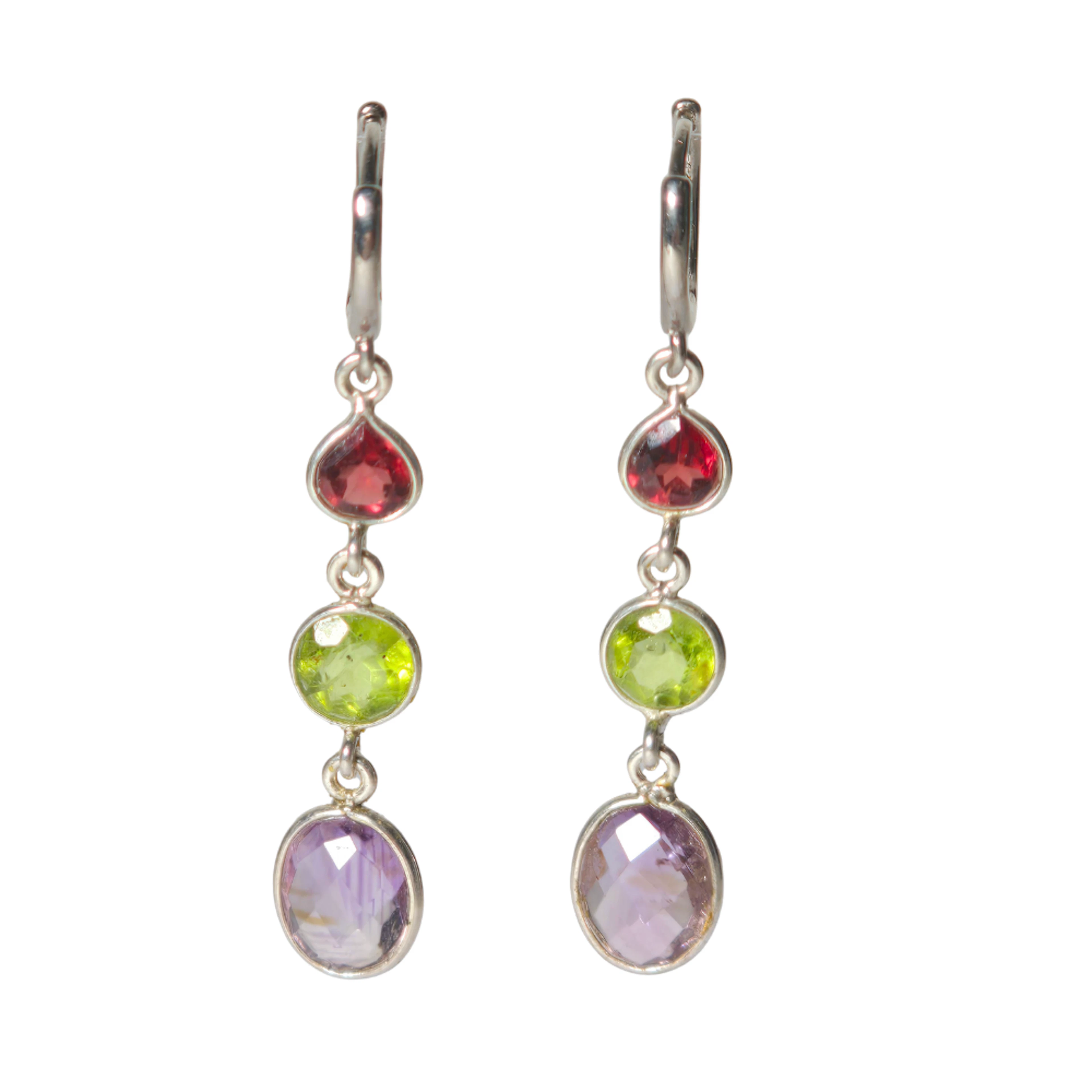 Pendientes en plata con granate, amatista y peridoto.