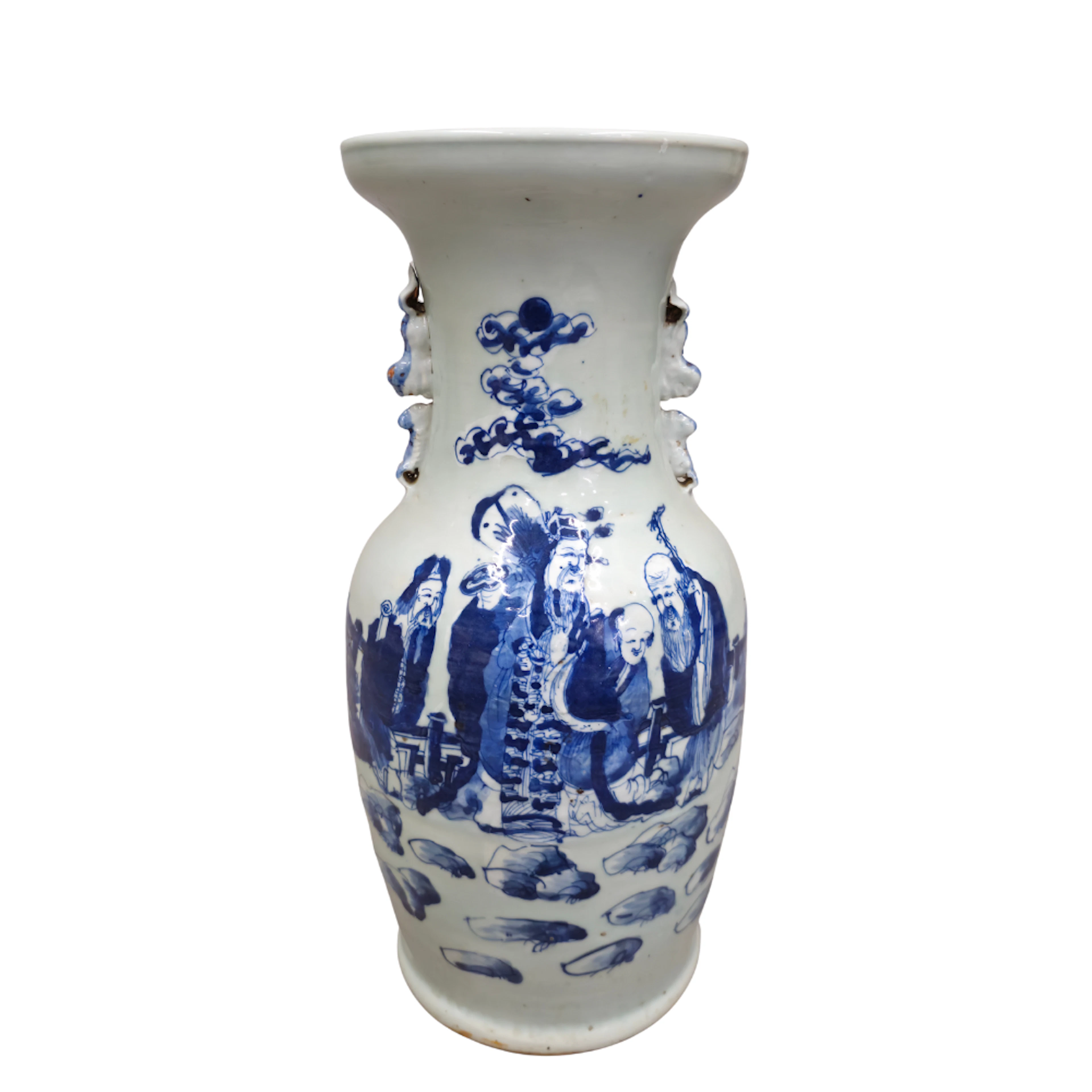 JARRÓN CHINO EN PORCELANA AZUL Y BLANCO CON VIDRIADO VERDE.