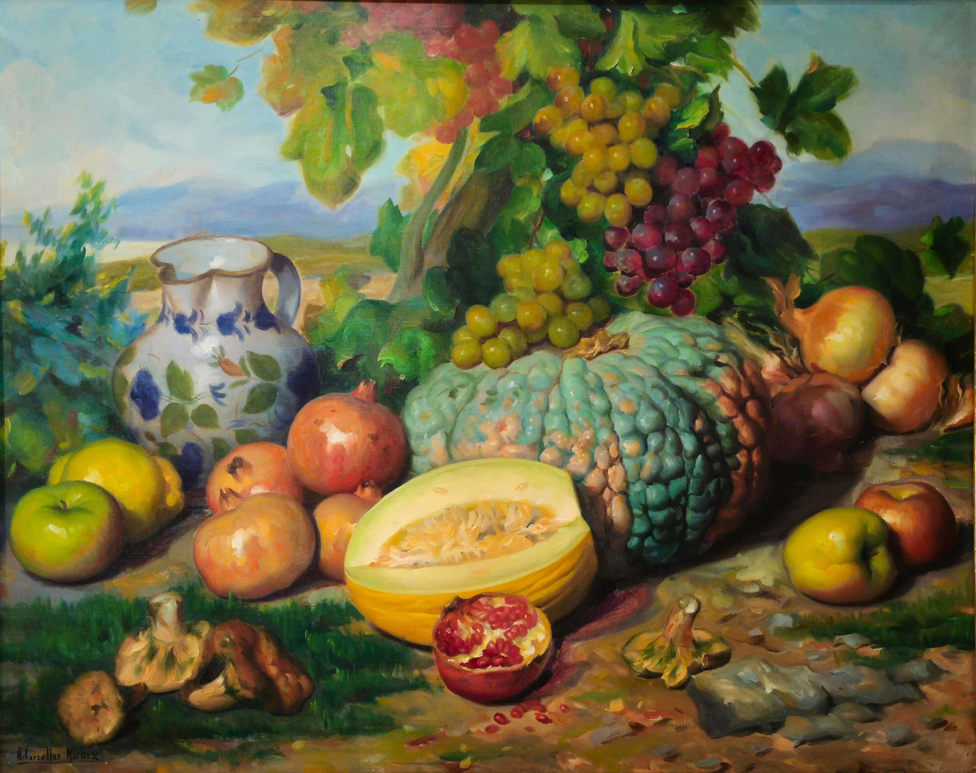 ANDRÉS CARCELLER NÚÑEZ. Bodegón de calabaza y loza.