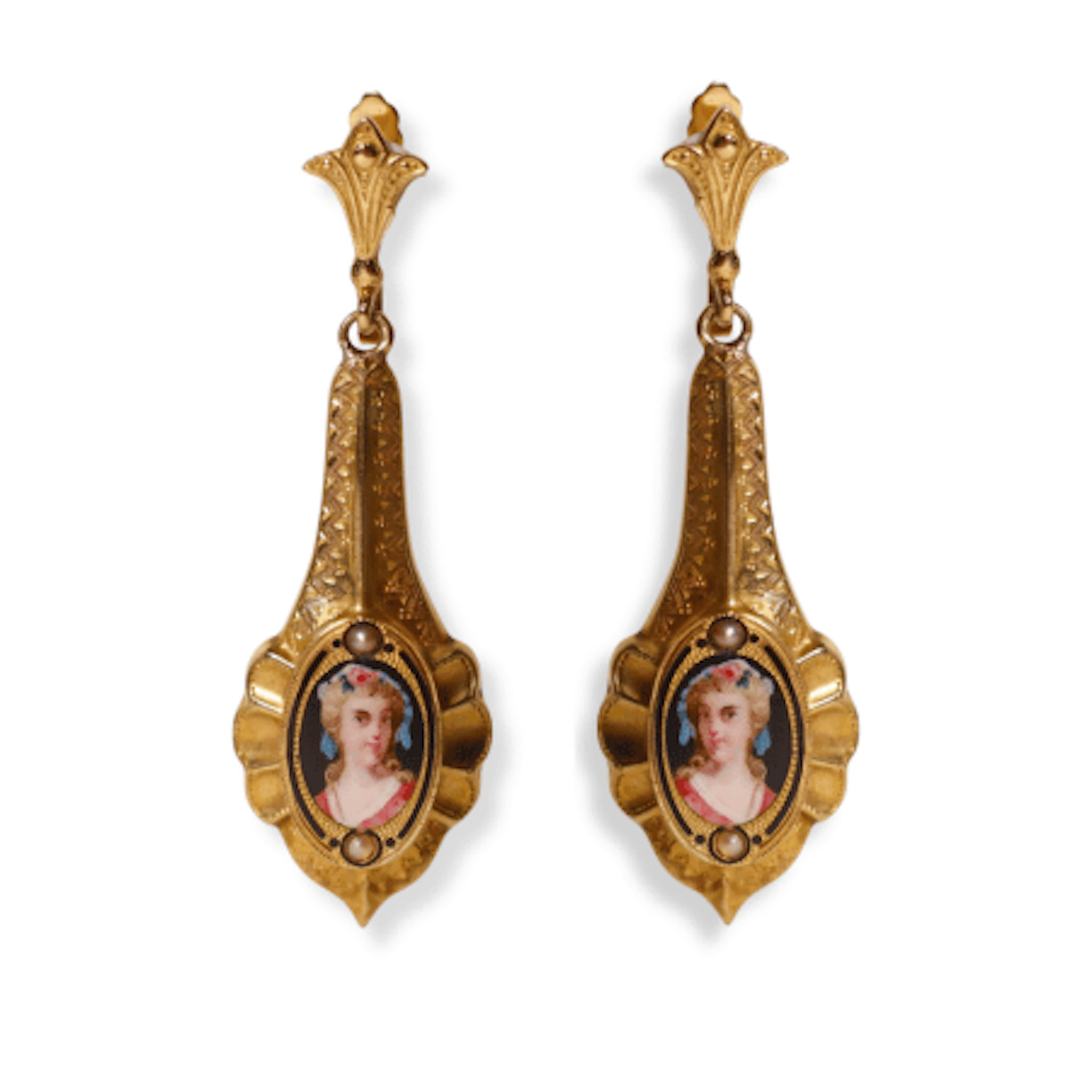 Pendientes largos en oro de 18K y retrato de dama en esmalte.