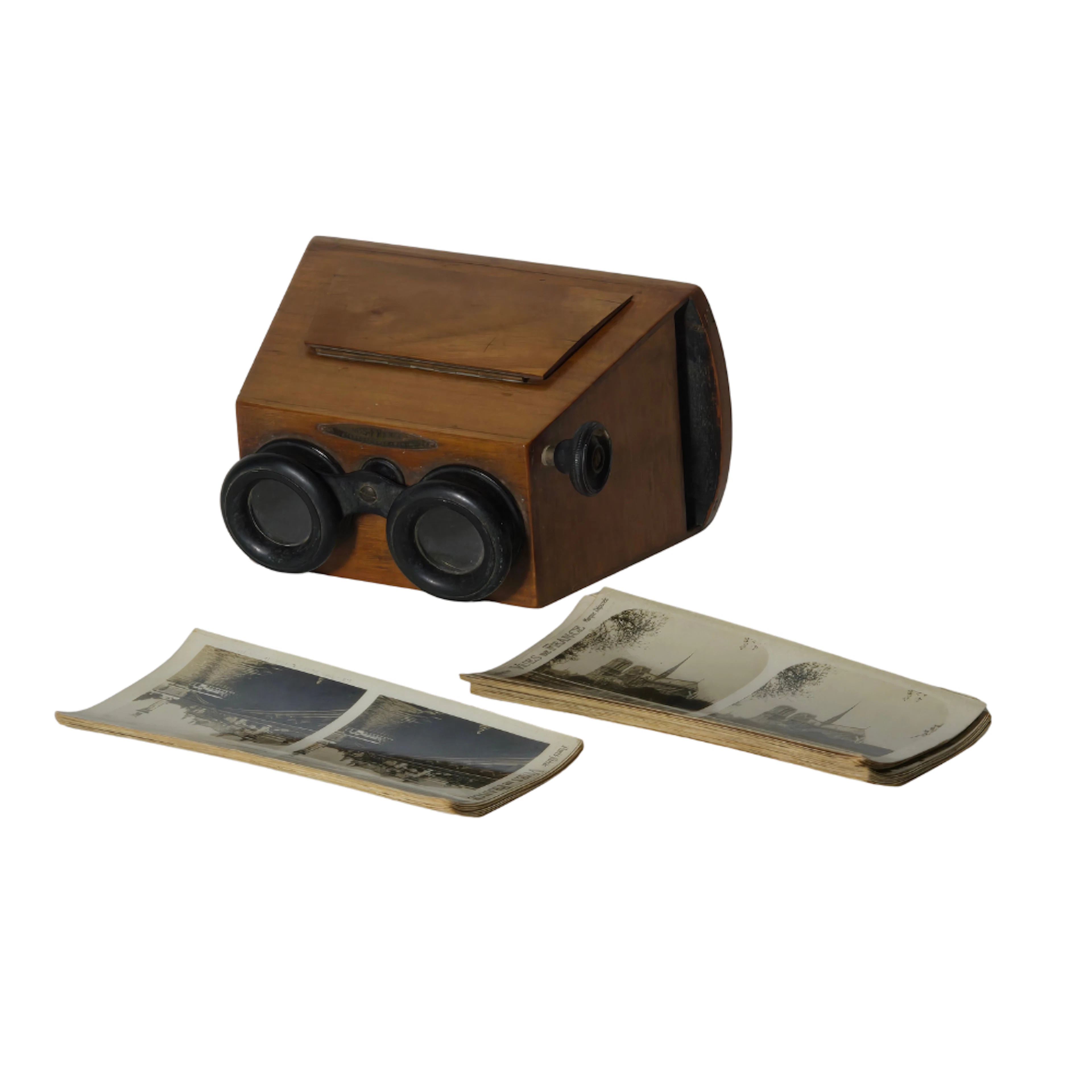 ESTEREOSCOPIO DE CAJA Y FOTOGRAFÍAS. FINALES SIGLO XIX.