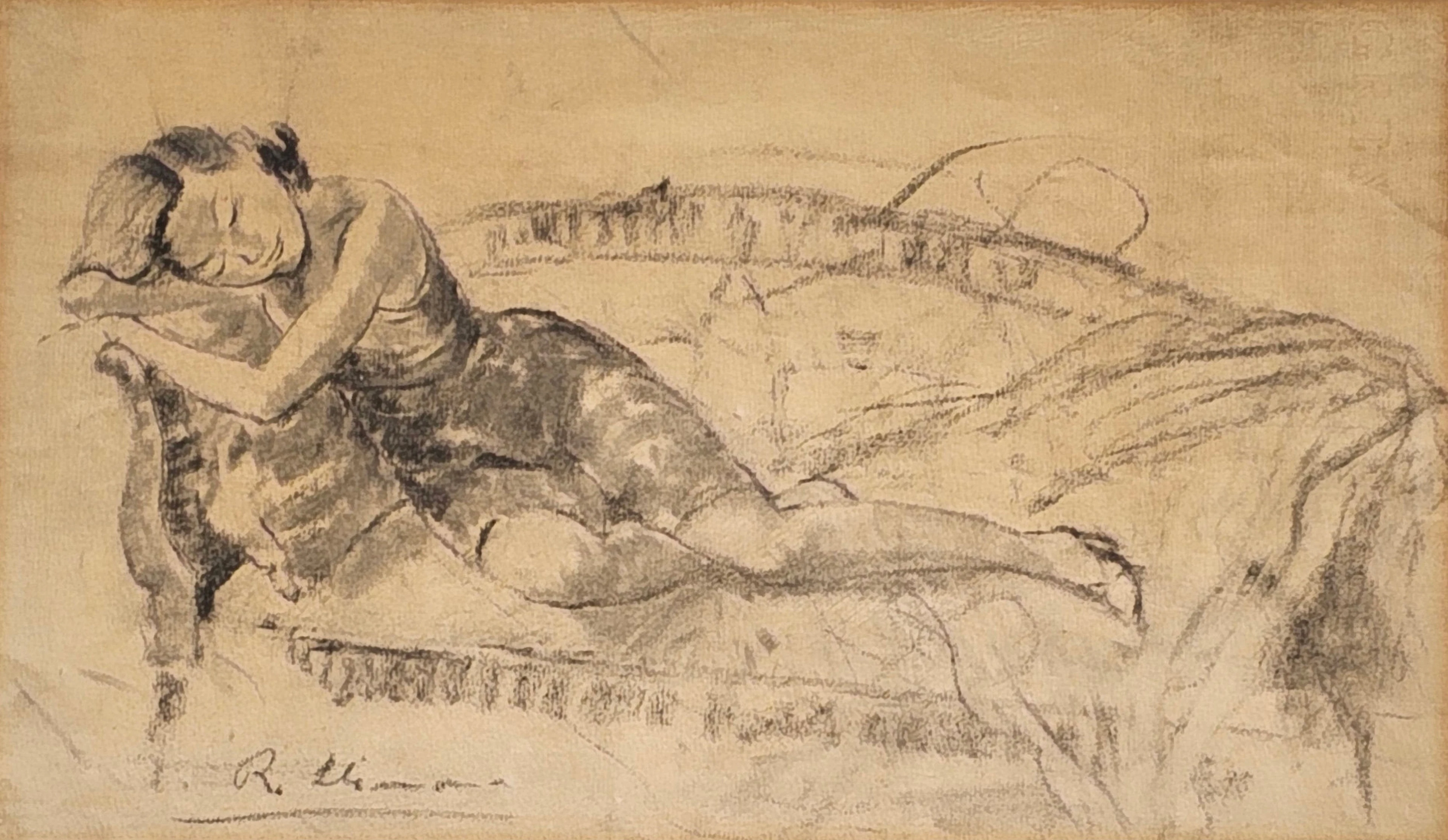 RAFAEL LLIMONA BENET. Mujer recostada. Dibujo acuarela y carboncillo