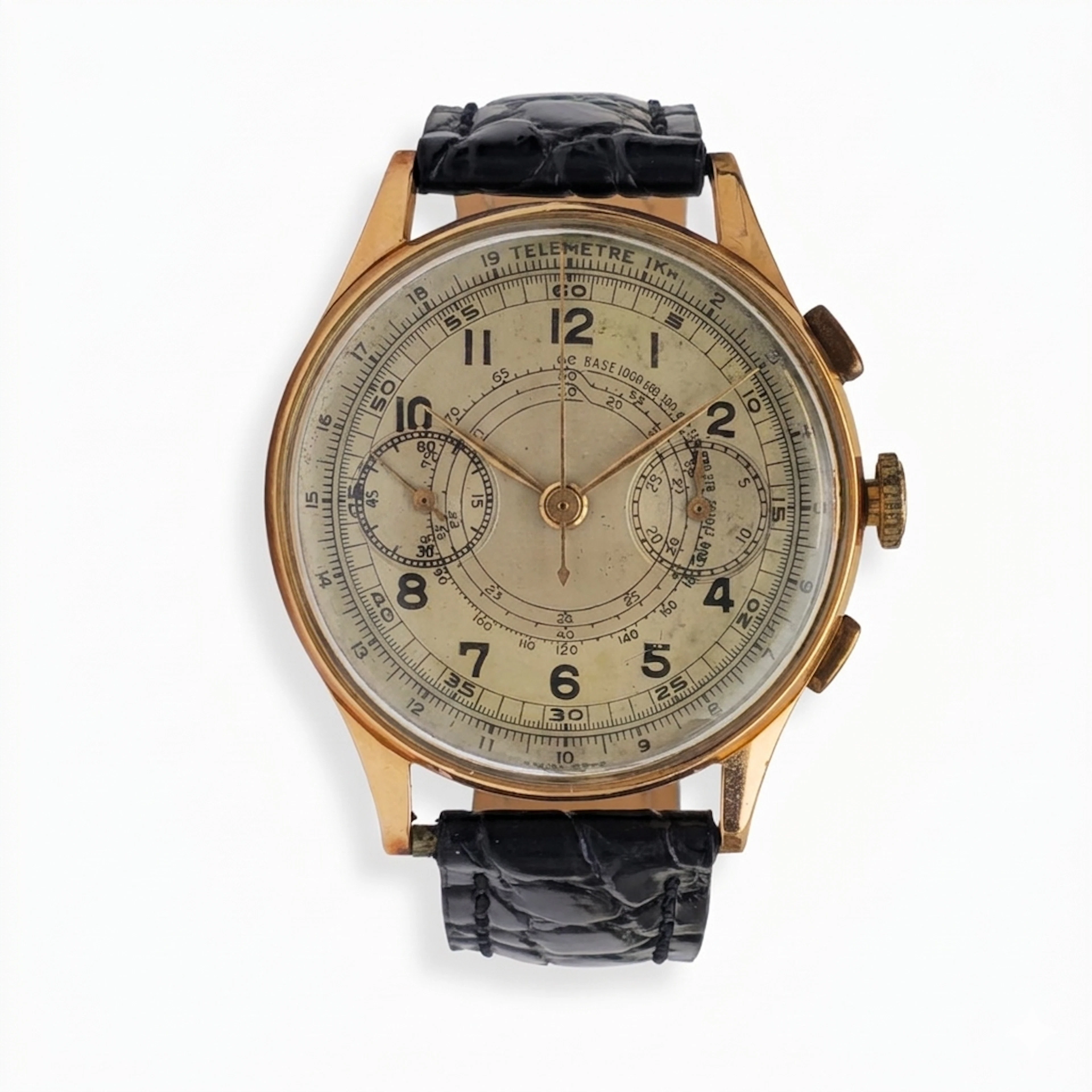 Reloj cronógrafo de pulsera para caballero. Oro de 18 K, Suiza, ca. 1950.